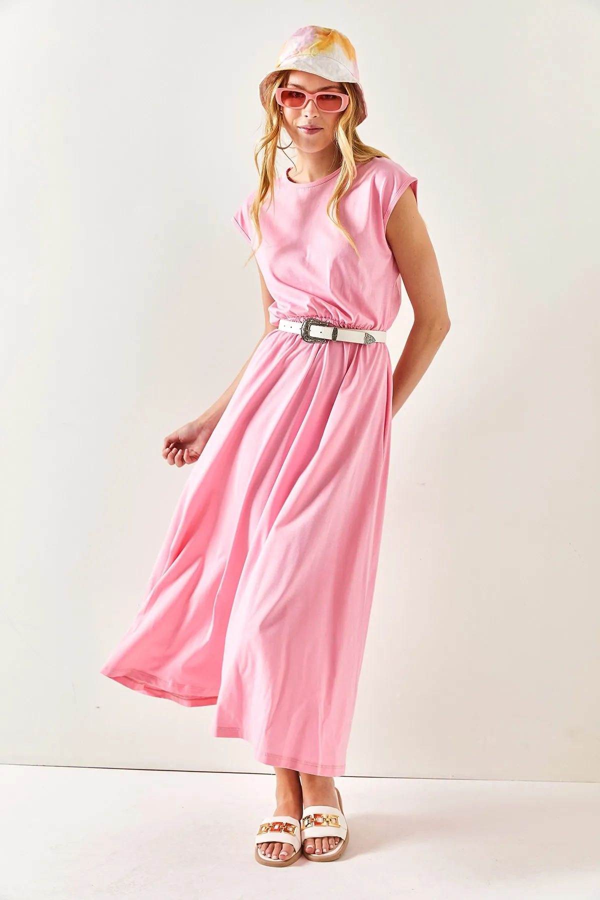 Olalook  Rosa Fledermaus-Baumwollkleid für Damen mit elastischem Bund ELB-19001509