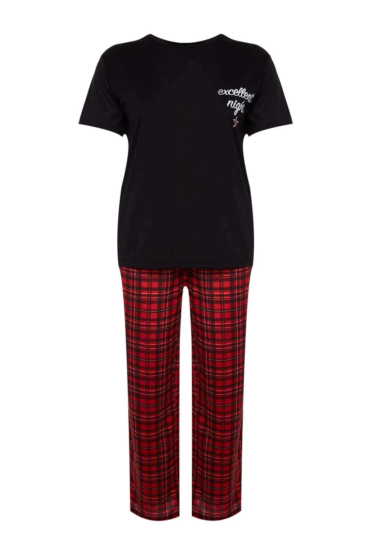 Trendyol Curve  Schwarzes bedrucktes, kariertes Pyjama-Set aus Flanellgewebe TBBAW24AI00016