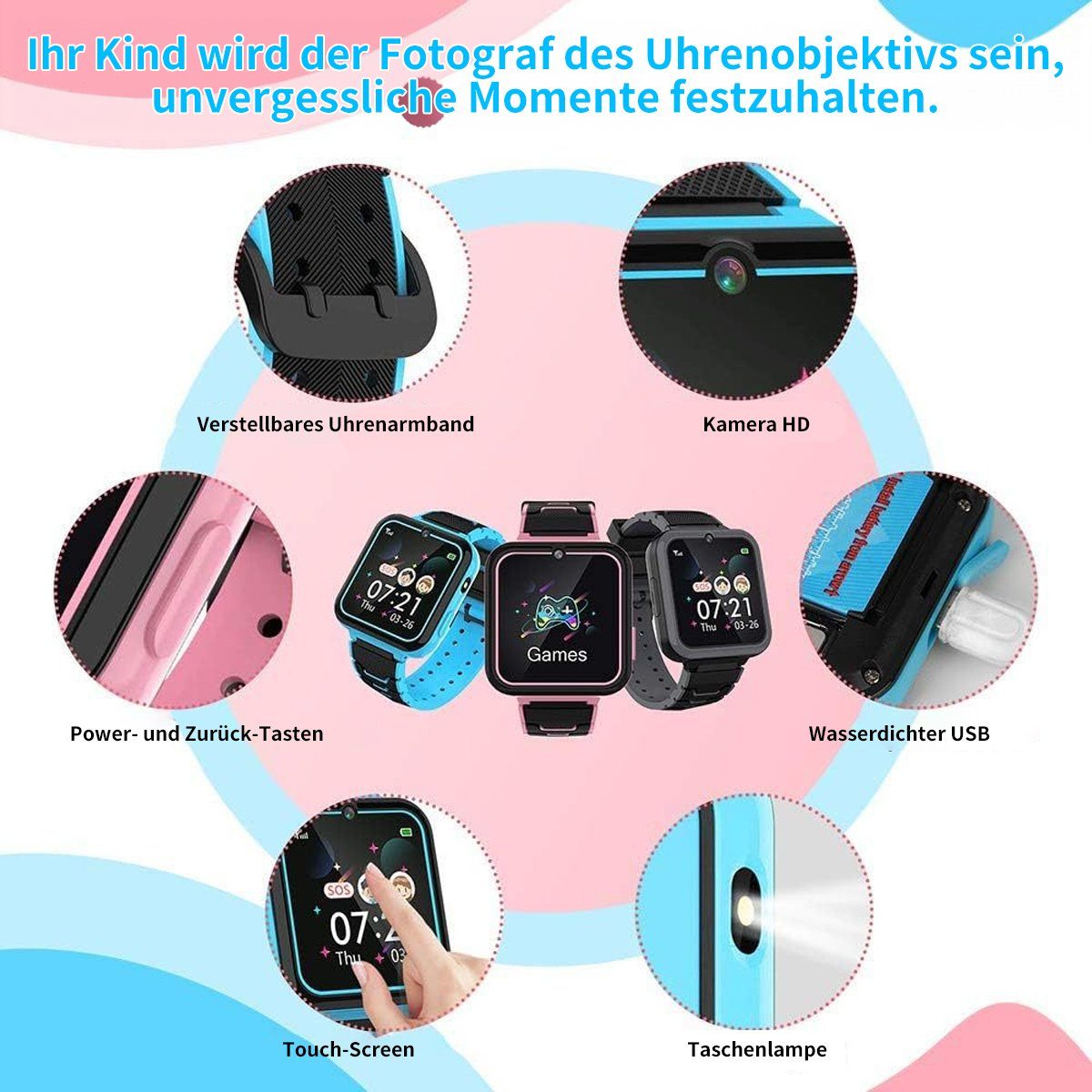 Hikeren Kinder Smart Uhr Telefon,mit Kamera,Unterstützt Micro-SIM,450mAh Smartwatch (1,4 Zoll)