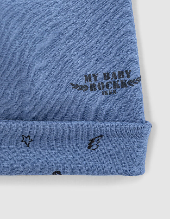 Bonnet réversible bleu et imprimé rock coton bio bébé