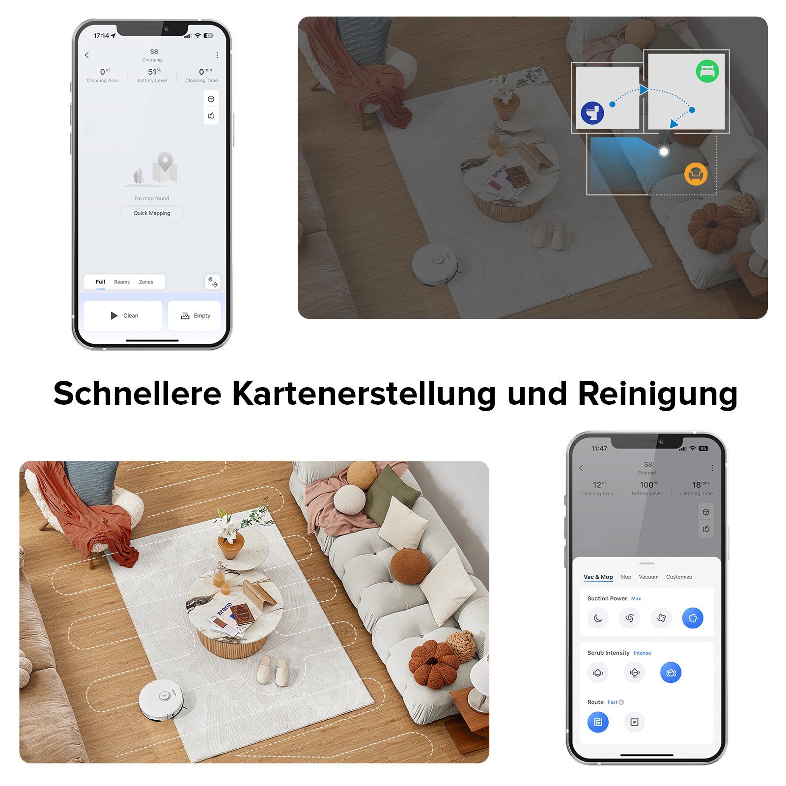Roborock Saugroboter S8, 69 W, 6000 pa, DuoRoller-Bürste, Reactive 3D-Hindernisumgehung, Vibrations-Hebemop, Intelligenter für Hartböden,Tierhaare,Teppiche, Kindersicherung APP Control, Upgrade von Roborock S7, VS S7 Maxv