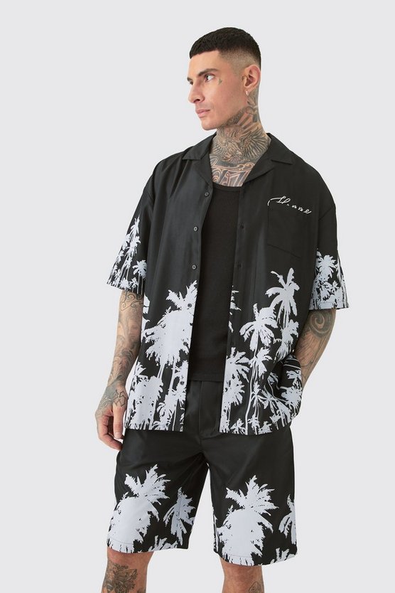 Tall kastiges Oversize Hemd & Shorts mit Palmen-Saum