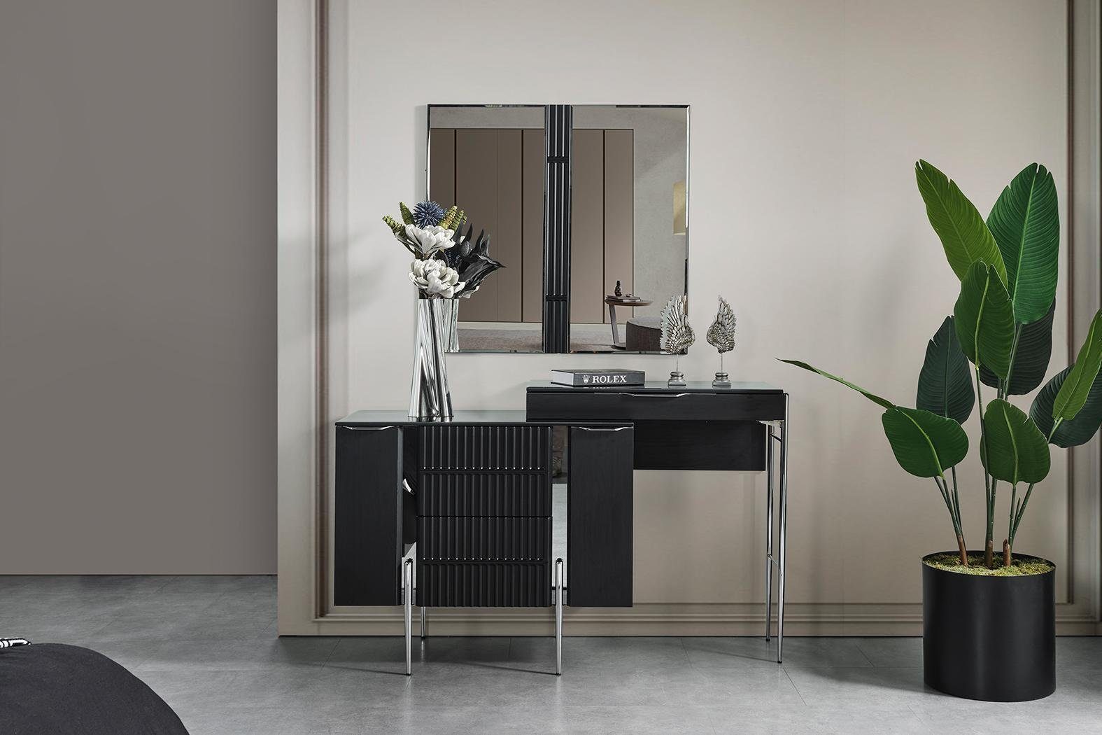 JVmoebel Schlafzimmer-Set Graues Schlafzimmer Set Doppelbett 2x Nachttische Schminktisch Spiegel, (6-St., Bett, 2x Nachttische, Kleiderschrank, Schminktisch, Spiegel), Made in Europa