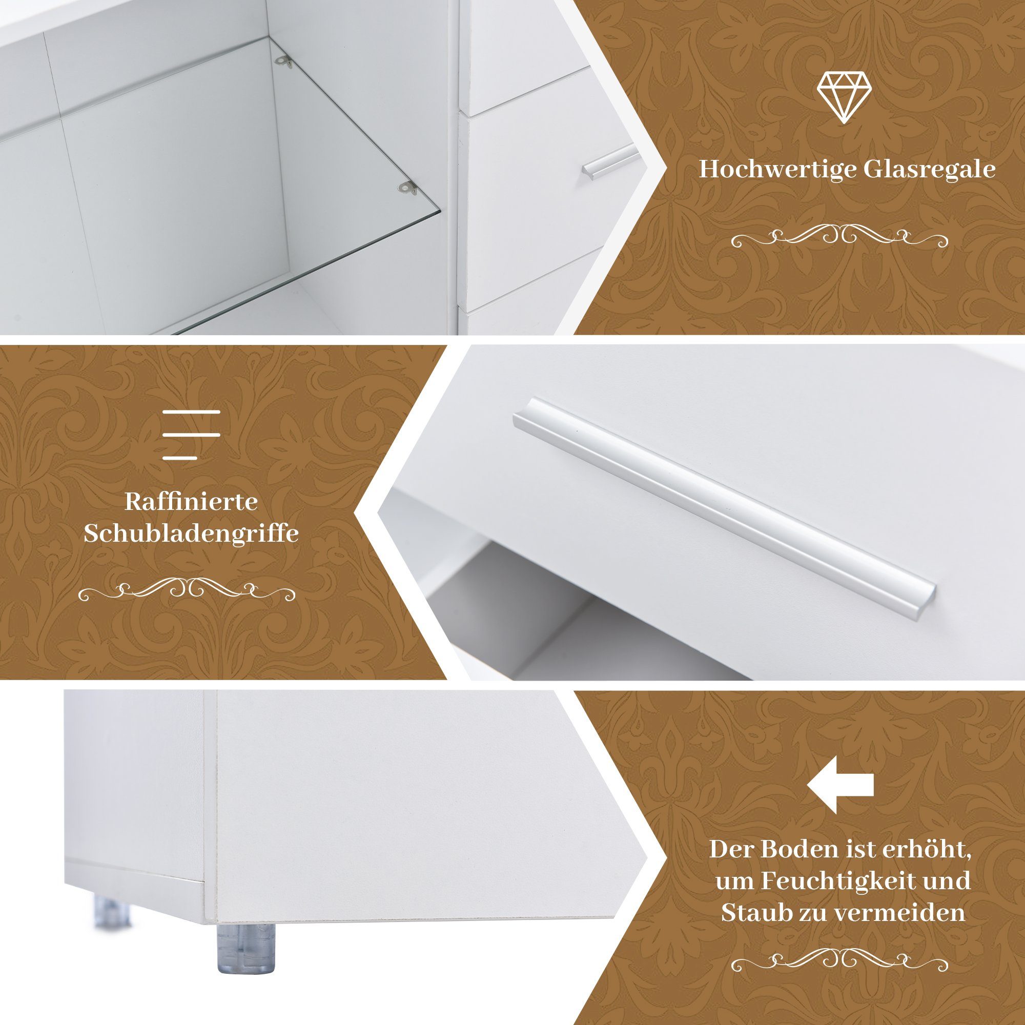Merax Sideboard mit LED-Beleuchtung inkl. Fernbedienung, Kommode mit 2 Türen und 3 Schubladen, TV-Board, Anrichte, B:140cm