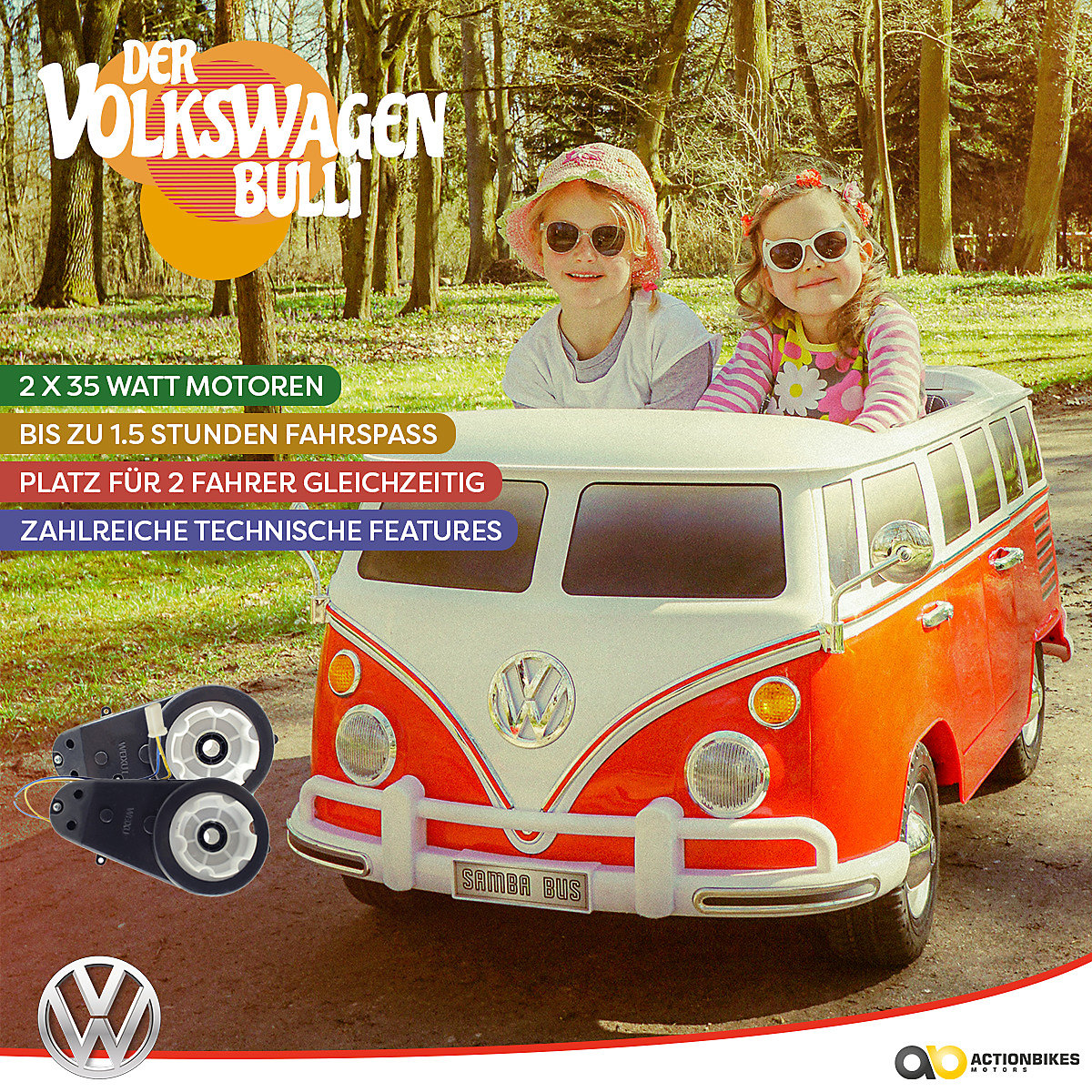Kinder Elektroauto VW Bus Bulli T1 Samba Camper Lizenziert - 2x35 Watt - Kinderauto mit Fernbedienung - Soundmodul