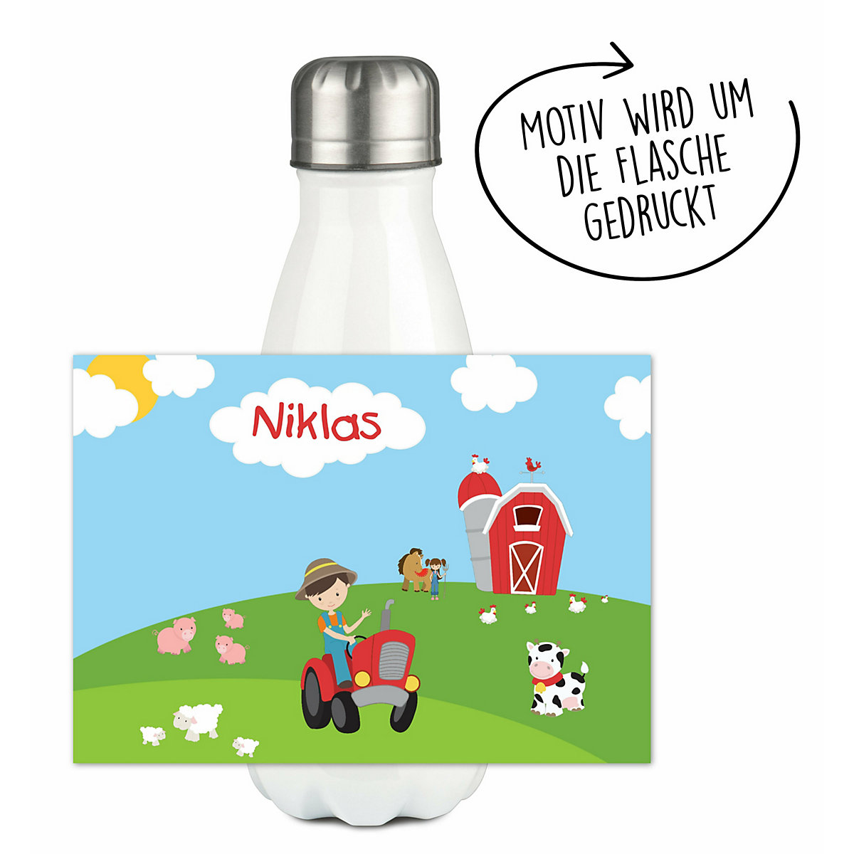 Edelstahl Kinder Thermoflasche / Trinkflasche bunt Bauernhof Spülmaschinenfest, Auslaufsicher, Bruchfest, Doppelwandig, Für Heißgetränke geeignet, Mit Deckel, Isoliert