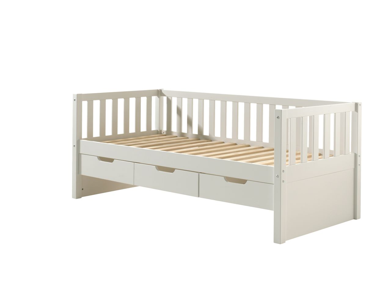 VIPACK Kojen Bett Fritz mit Sprossenumrandung, 3 Schubladen u. Rolllattenrost, Liegefläche 90 x 200, Ausf. Weiß lackiert