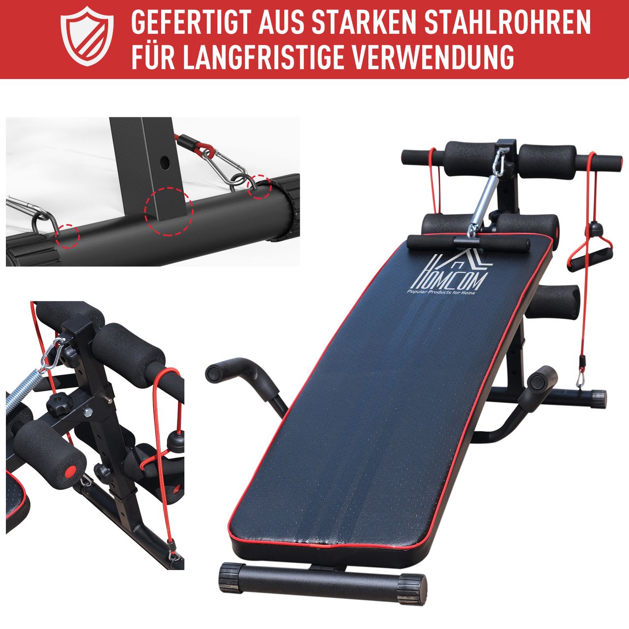 HOMCOM Sit Up Bank Bauchtrainer Trainingsbank Fitnessbank inkl. Widerstandsbände Schwarz   Rot 55,5 x 137,5 x (50–68) cm 120 kg Belastbarkeit