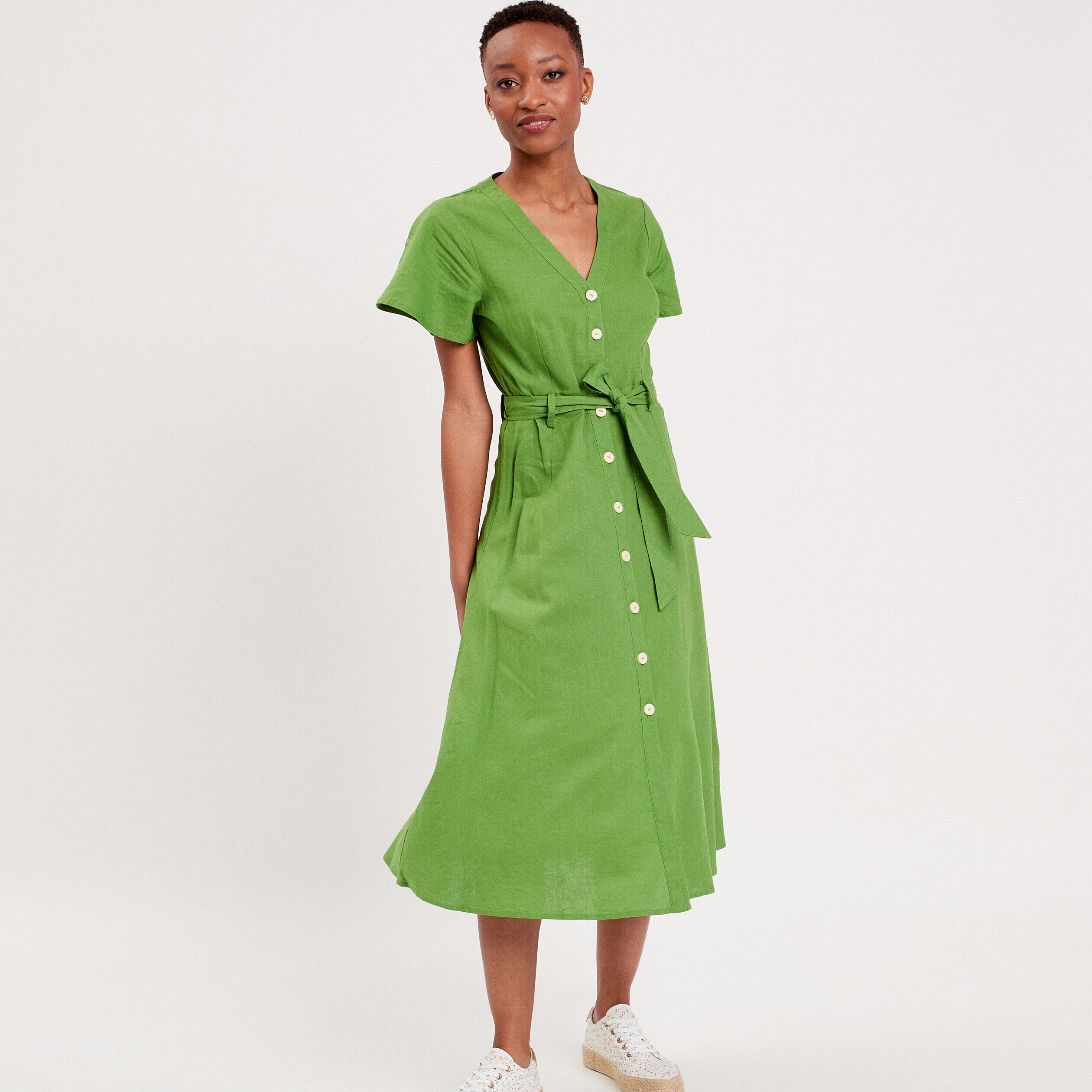 Robe boutonnée à manches courtes vert femme | Cache Cache