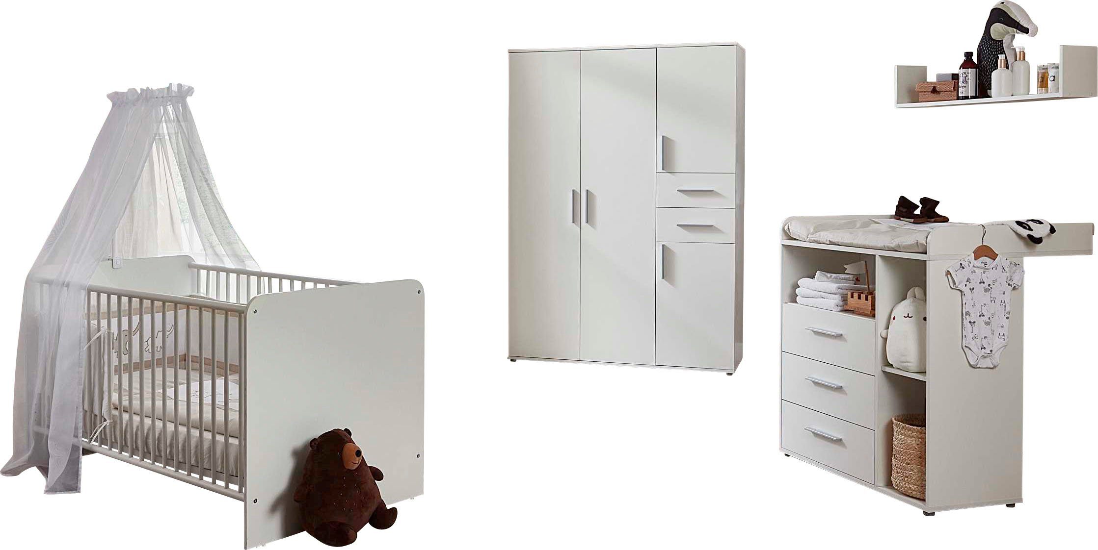 BMG Möbel Babyzimmer-Komplettset Lea, (Set, 4-St., Bett, Wickelkommode, Schrank, Wandboard), Bett + Wickelkommode + 4-trg. Schrank + Wandboard
