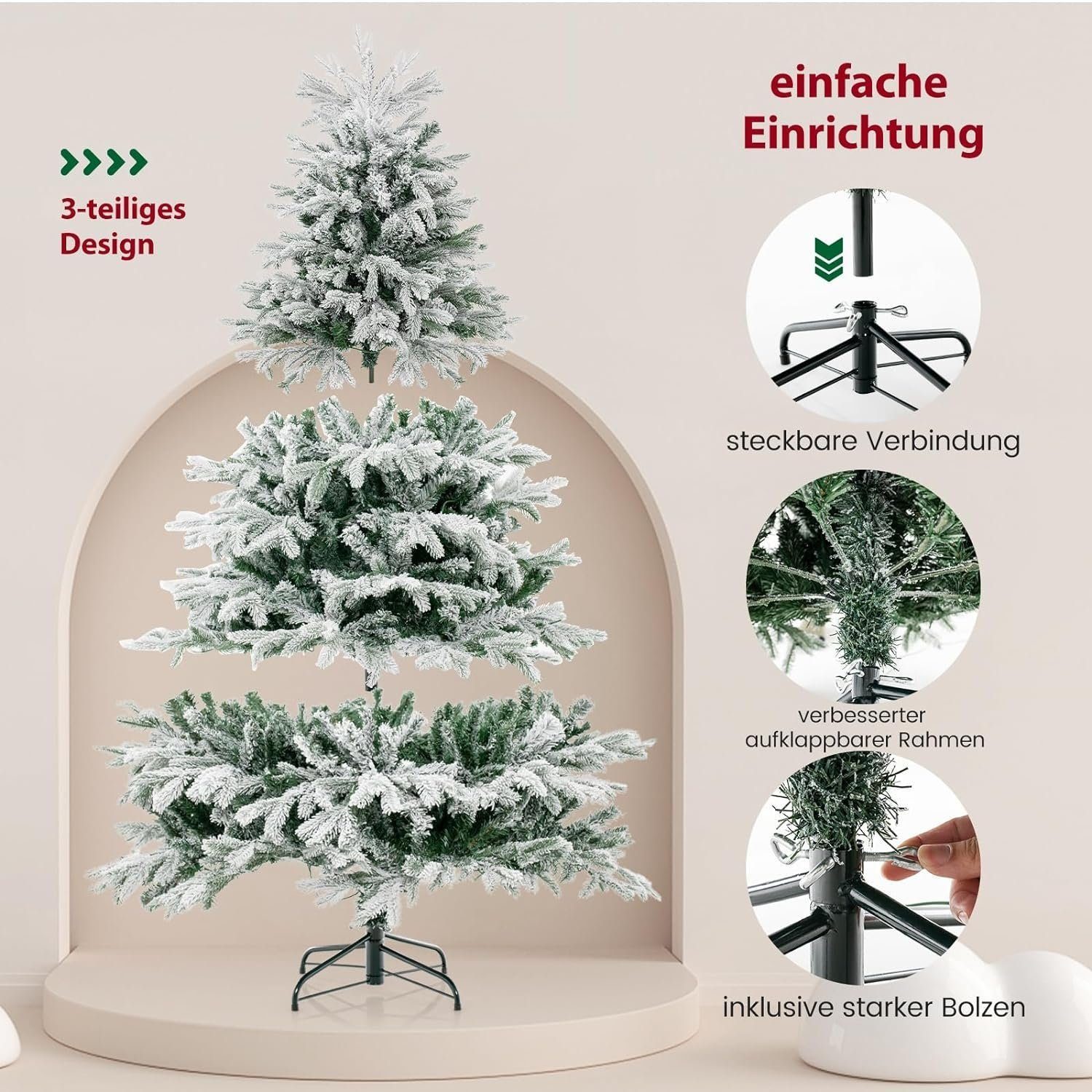 JUNG Künstlicher Weihnachtsbaum Künstlicher Spritzguss Weihnachtsbaum mit Beleuchtung + Schnee 1,80m, Edeltanne, Nordmanntanne Premium Edel, Baum Tanne, Christbaum + Ständer Weihnachtsbäume künstlich mit Licht Nordmann