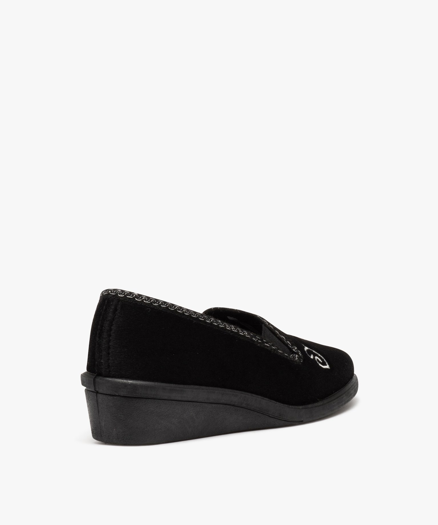 Chaussons femme pantoufles compensées en velours brodé noir | GEMO