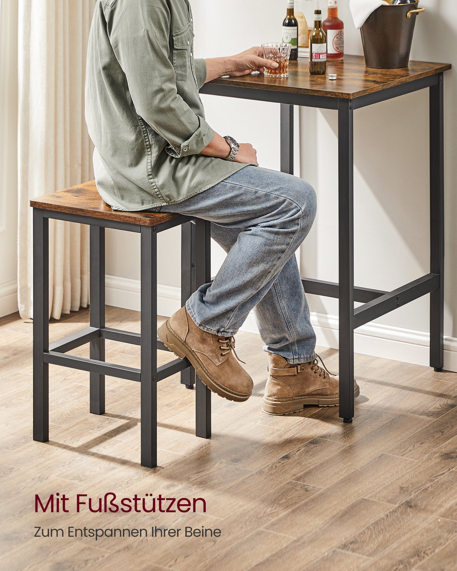 VASAGLE Bartisch Bartisch-Set, Esstisch(60 x 60 x 90 cm) mit 2 Barhochern