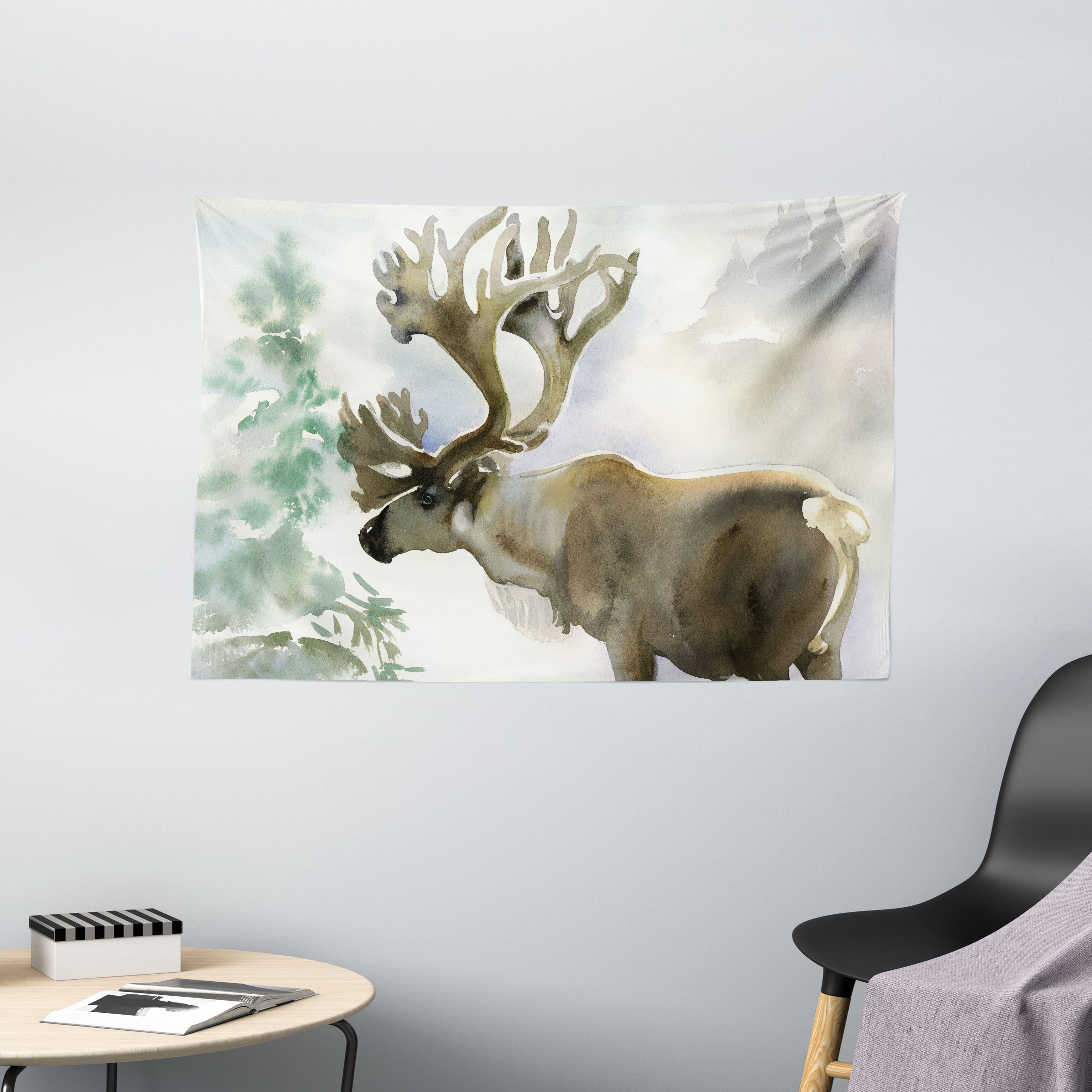 Wandteppich Wohnzimmer Schlafzimmer Wandtuch Seidiges Satin Wandteppich, Abakuhaus, rechteckig, Hirsch Winter Forest Farbe Stil