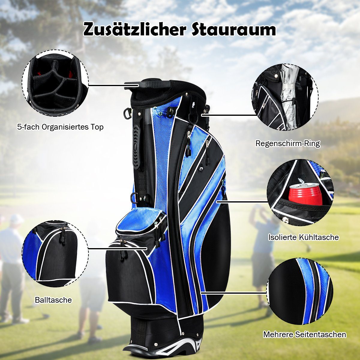 COSTWAY Golftrolley + Golfbag, mit Ständer, Regenschirmhalter