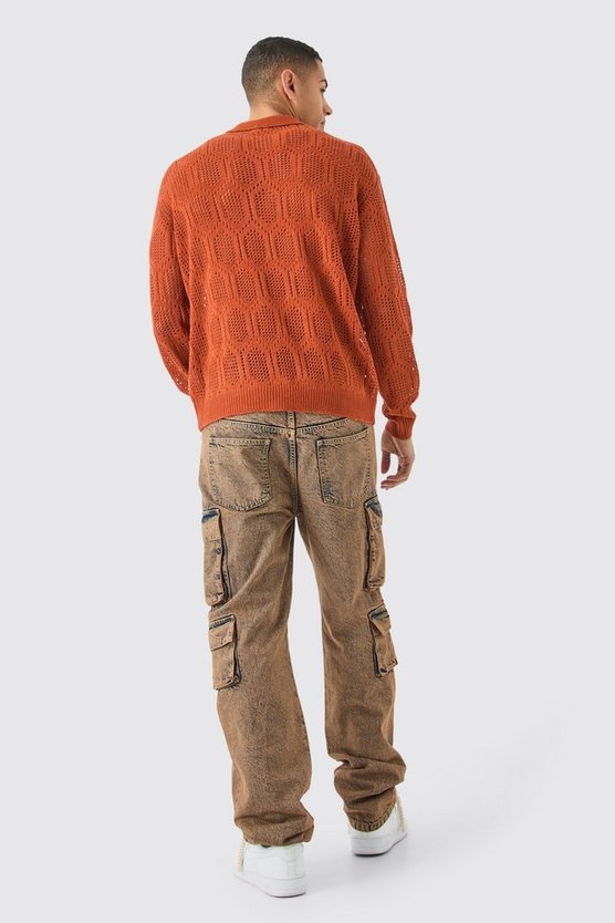 Langärmliges gehäkeltes Oversize Poloshirt