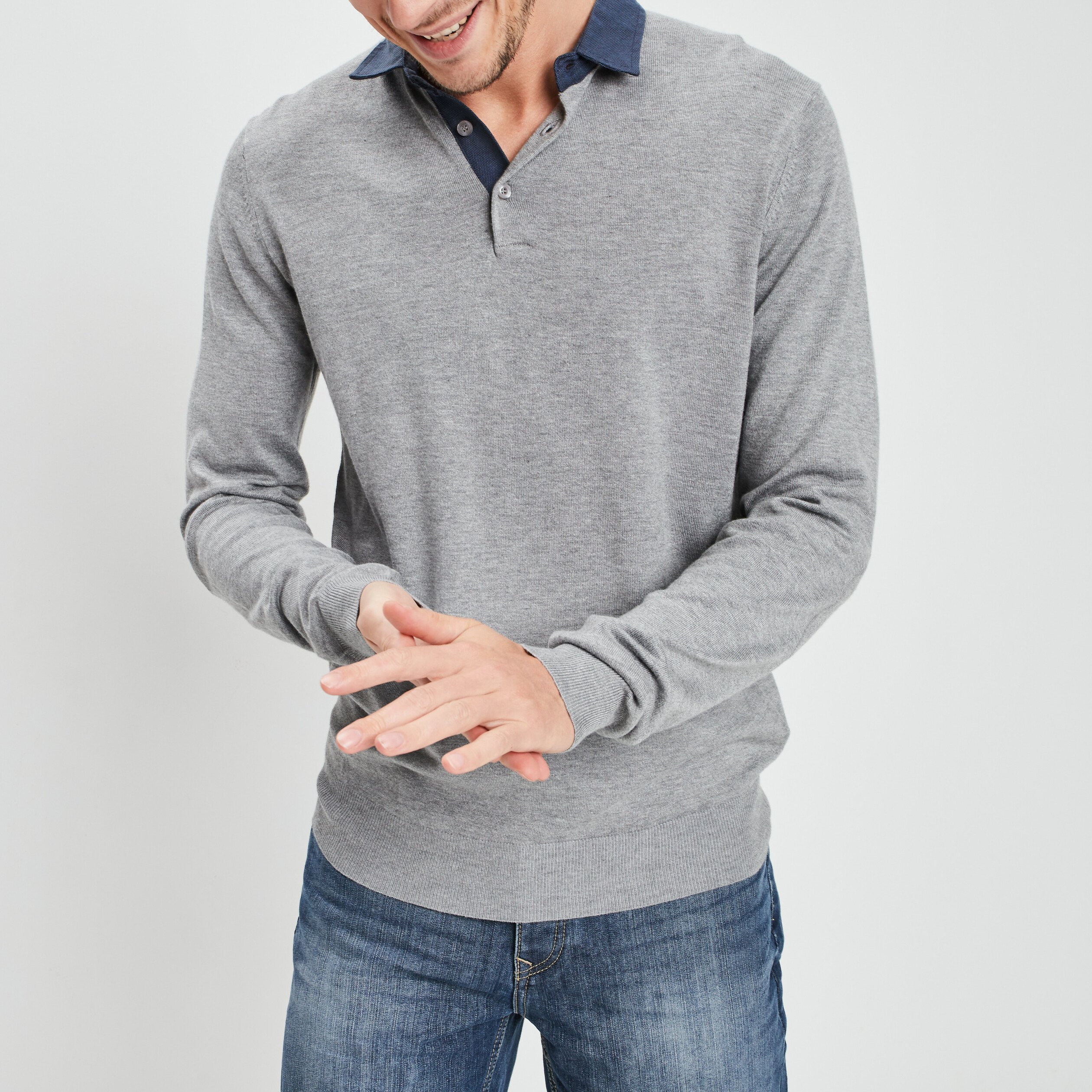 Pull avec col polo gris clair homme | La Halle