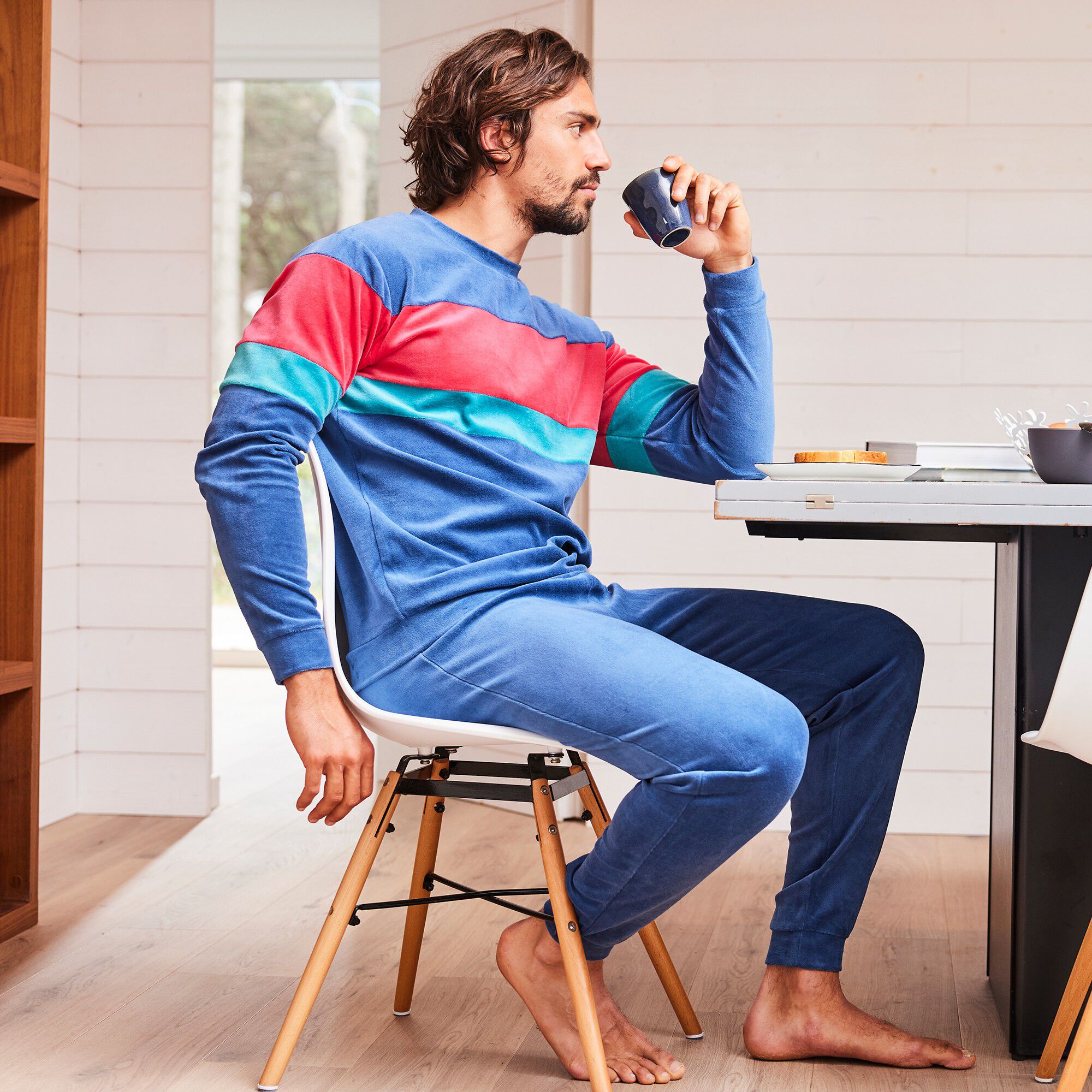 Pyjama tricolore velours manches longues