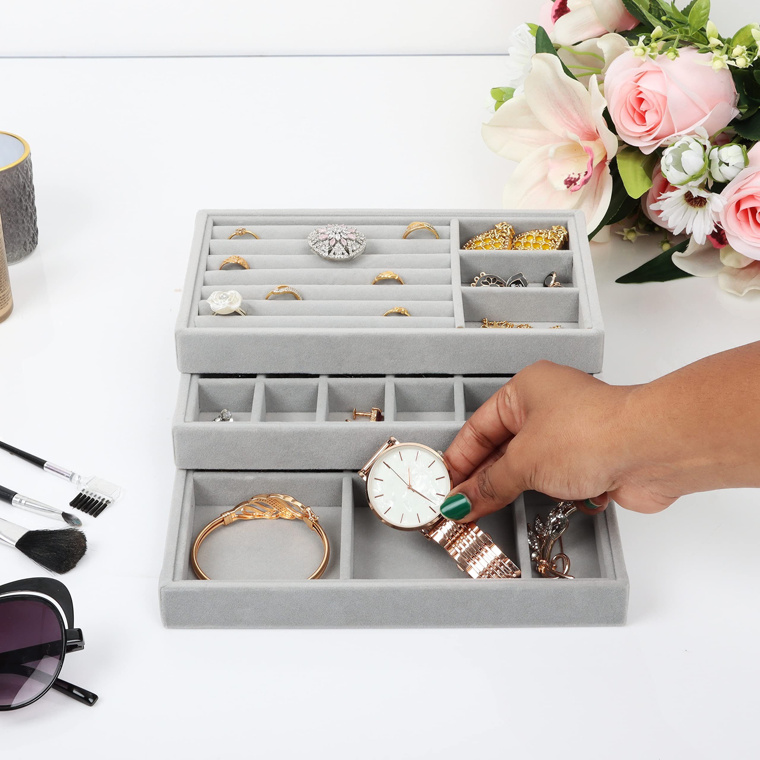 Belle Vous Schmuckständer Grauer Samt Schmuck-Organizer - 9-teiliges Set, Gray Velvet Makeup Organizer for Jewelry - 9 Pieces