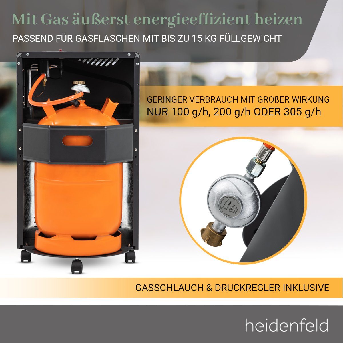 Heidenfeld Heizstrahler Gasheizer GH100 inkl. 3 Jahre Garantie Piezo Zündung, 4200 W, Wärmestrahler 3 regelbare Wärmeleistungen - Heizung - Gasheizgerät