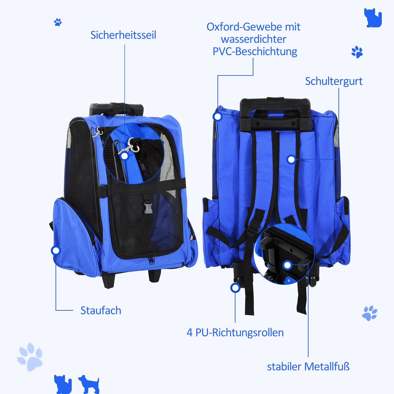 PawHut Hundetrolley Transporttasche Tragetasche 2-in-1 Haustierrucksack Blau