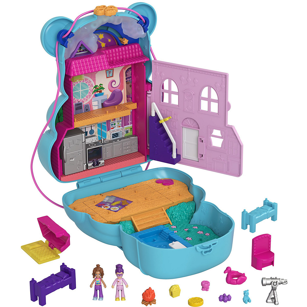 Polly Pocket Sleepover Teddybär-Tasche, inkl. 2 Figuren & Zubehör