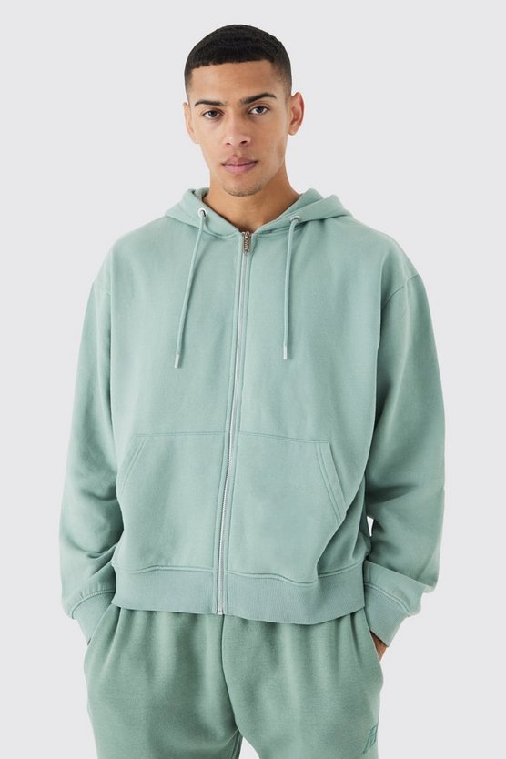 Oversized Boxy Zip Through Washed Hoodie