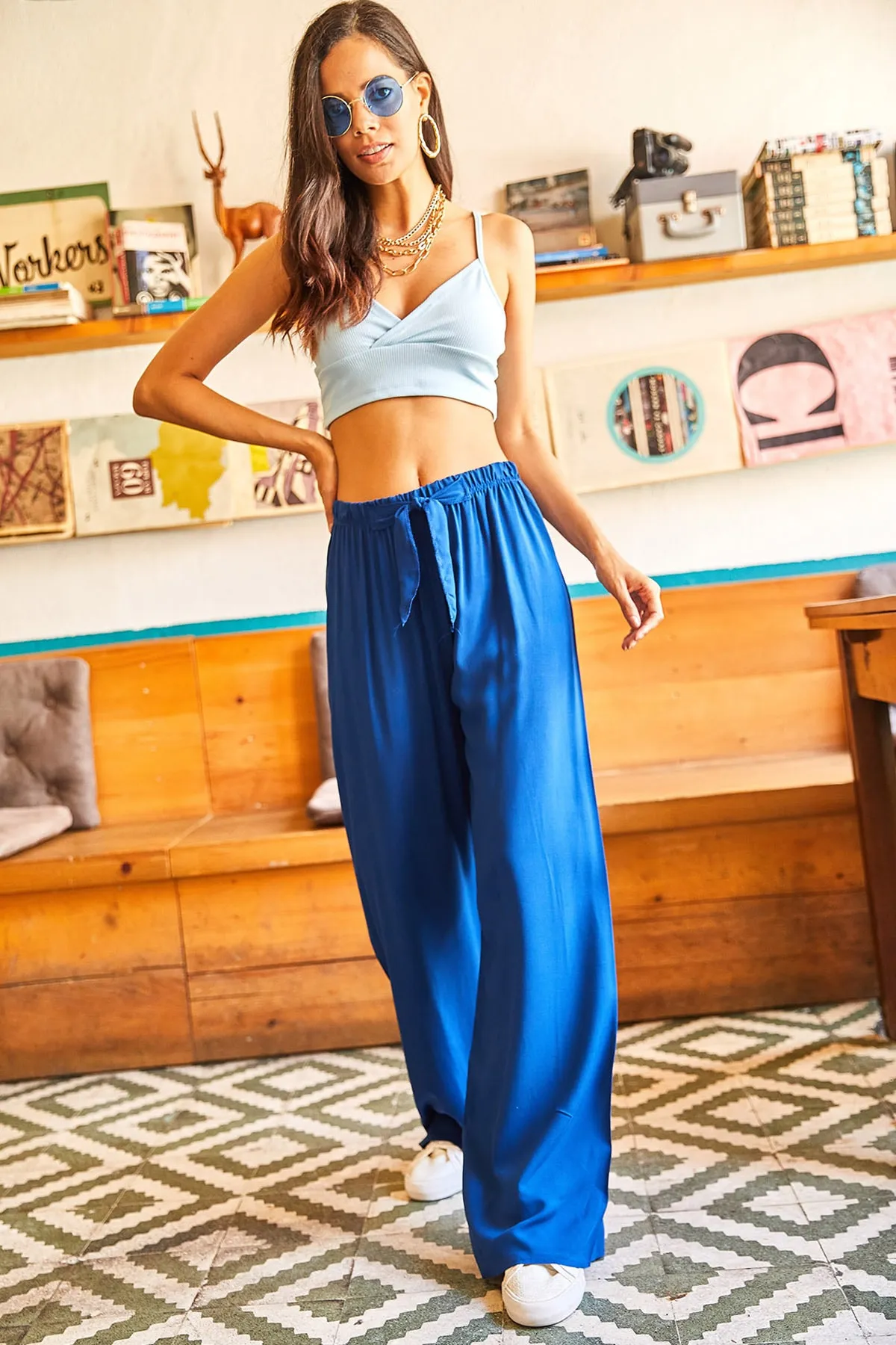 Olalook  Damen-Palazzo-Hose aus gewebtem Viscon von Saks in Blau mit Gürtel, PNT-19000169