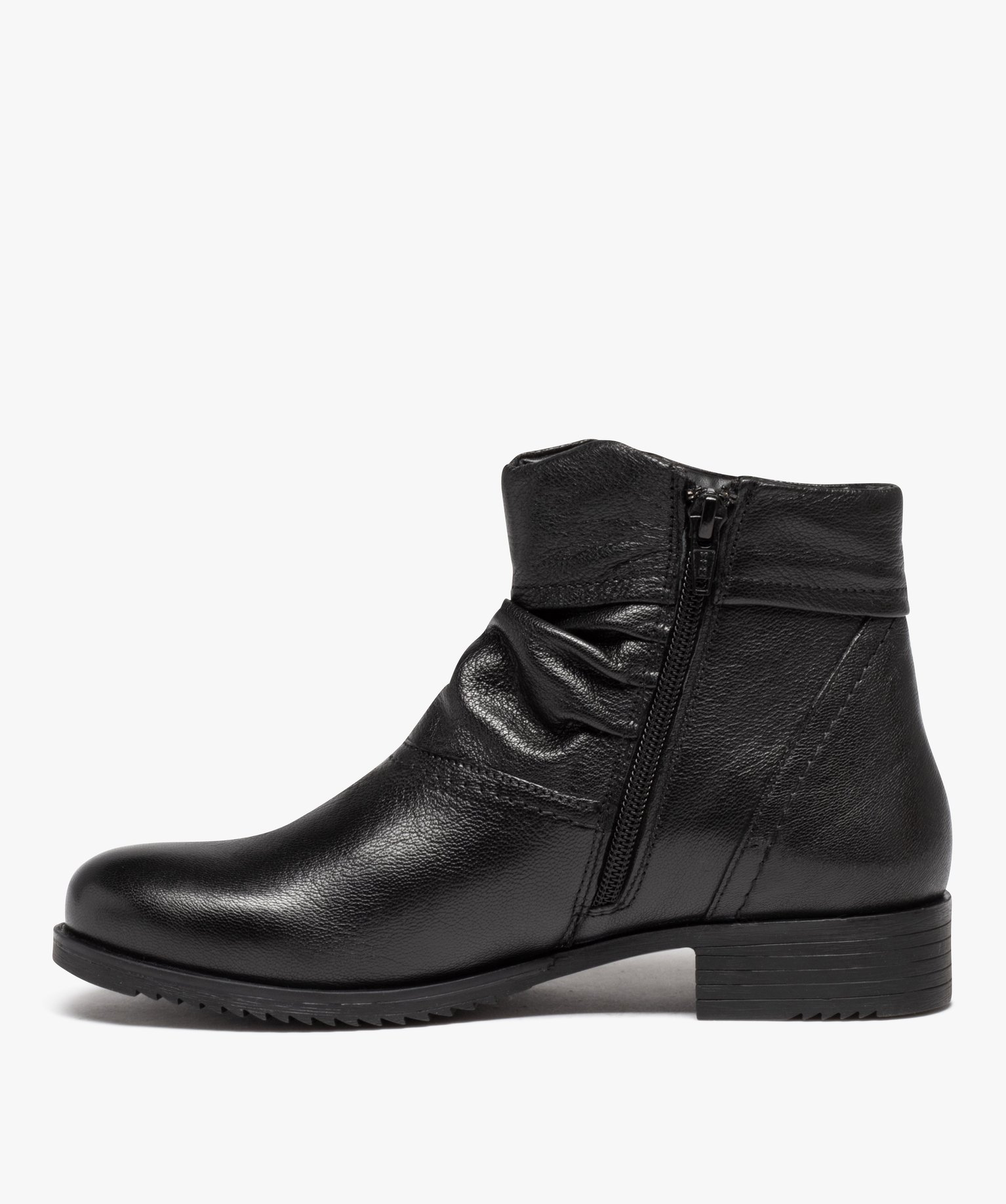 Boots femme confort dessus en cuir uni et plissé noir | GEMO