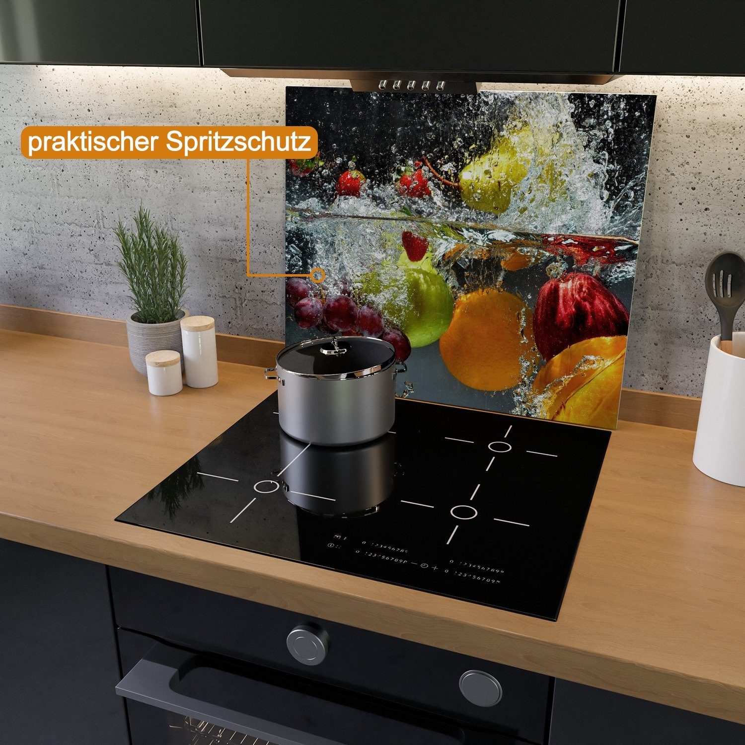 Wallario Herd-Abdeckplatte Früchte im und unter Wasser - Splashing Fruits, ESG-Sicherheitsglas, (Glasplatte, 1 tlg., inkl. 5mm Noppen), verschiedene Größen
