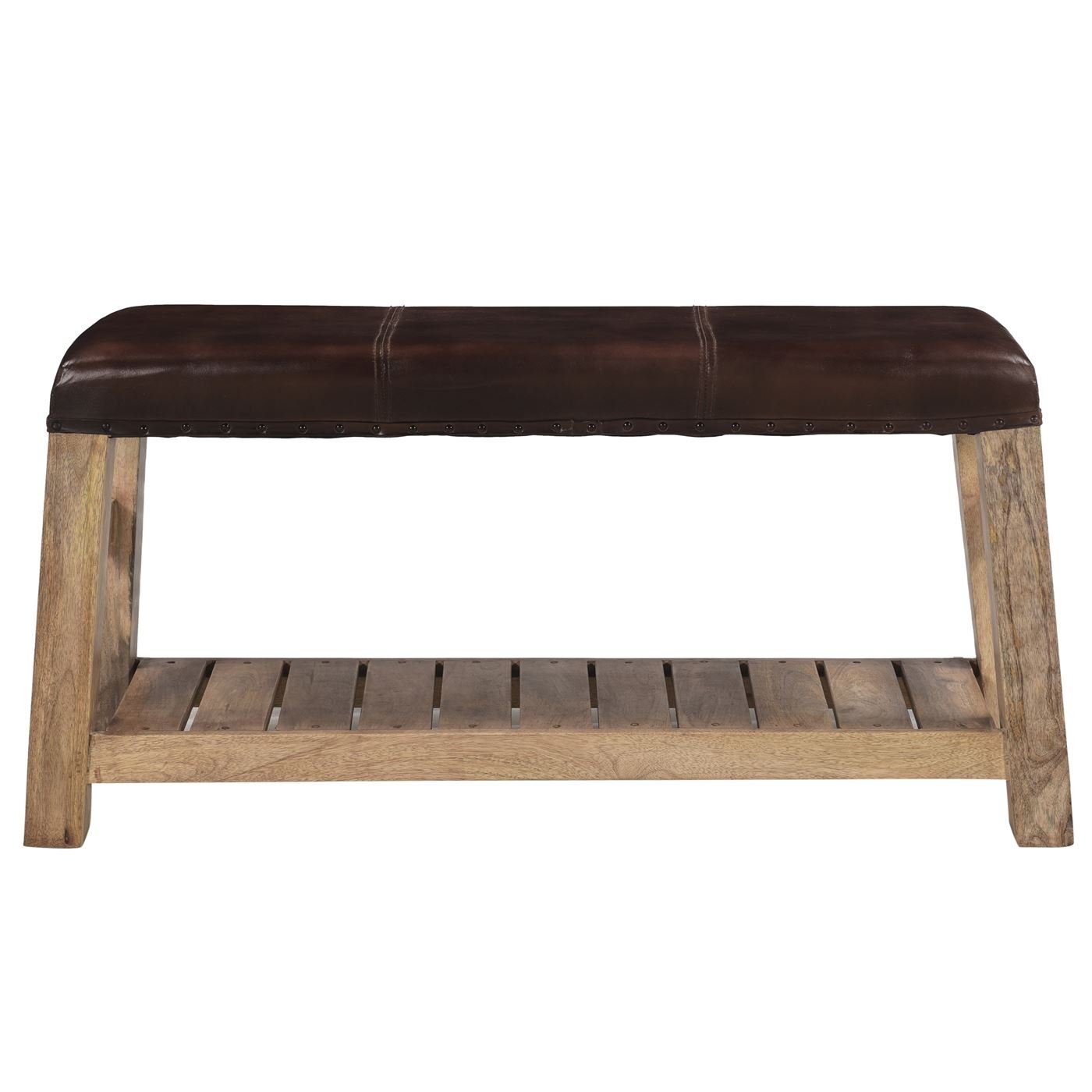 baario Gartenbank Sitzbank KULA Leder, braun Hocker massiv Mangoholz Vintage Flurbank