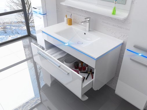 Homeline Badmöbel-Set Luxus Badmöbel Set montiert Weiß Hochglanz Lackiert 90 cm 5 tlg, (Set Angebot, 6-St., Besteht aus 6 Teile), Hochglanz Lackiert Vormontiert