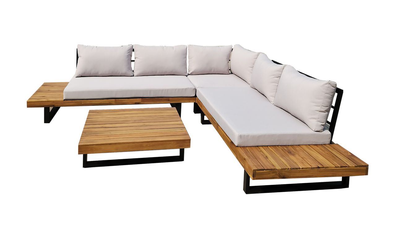 HC Garten & Freizeit Aluminium Ecklounge 4tlg. mit Tisch, Akazienholz - anthrazit