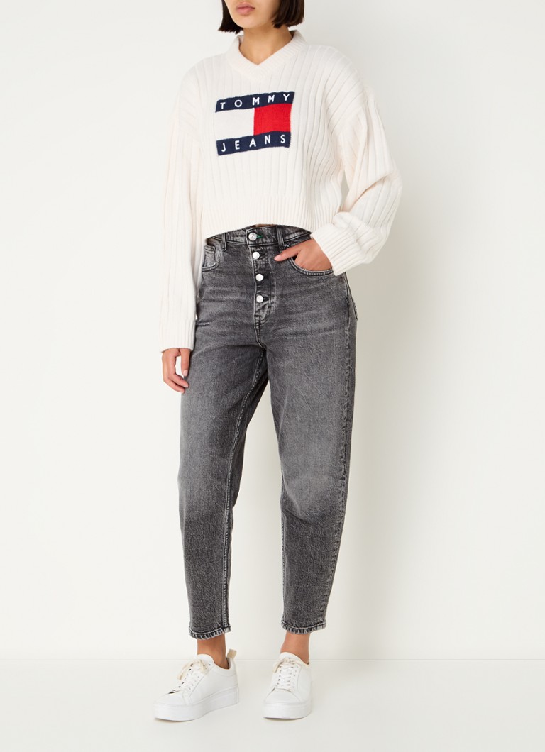 Pulover Tommy Hilfiger Crop din tricot fin cu logo țesut