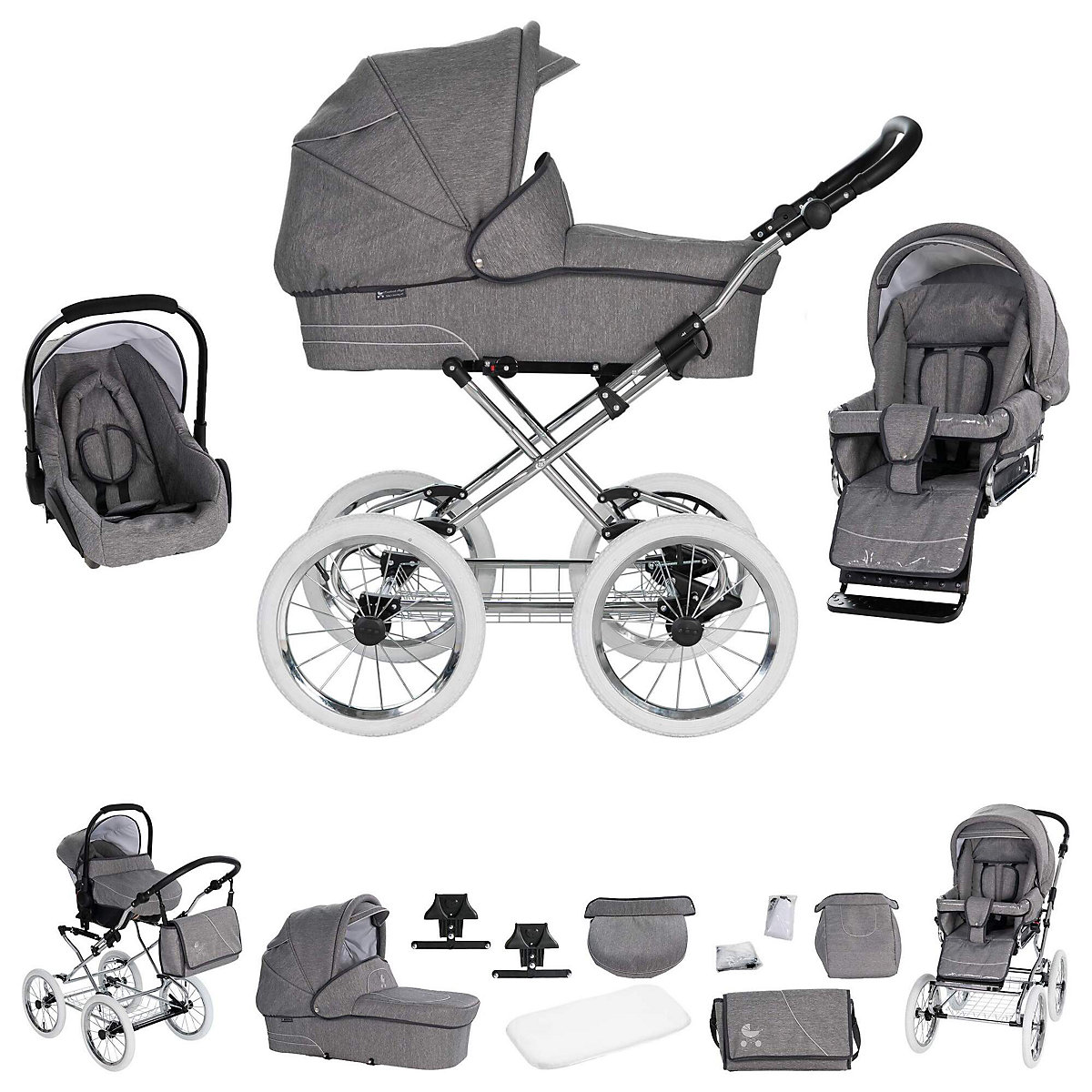 München | 3 in 1 Kombi Kinderwagen Komplettset | Nostalgie Kinderwagen Kombikinderwagen