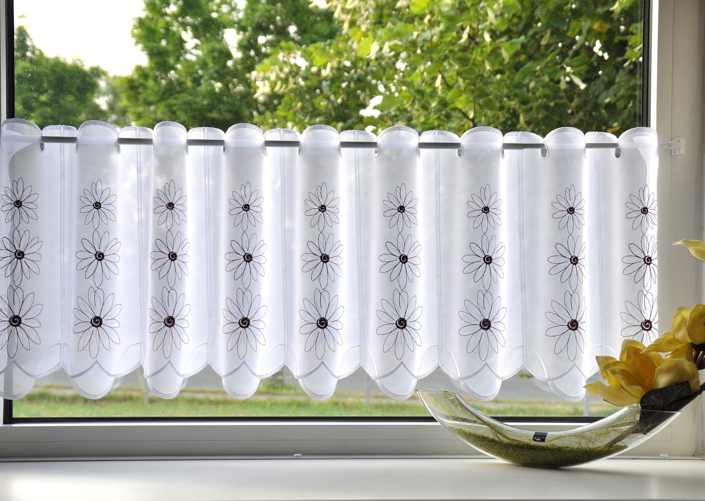 Scheibengardine Blüten, Stickereien Plauen, Durchzuglöcher (1 St), transparent, Voile, veredelt mit echter Plauener Spitze Stickerei