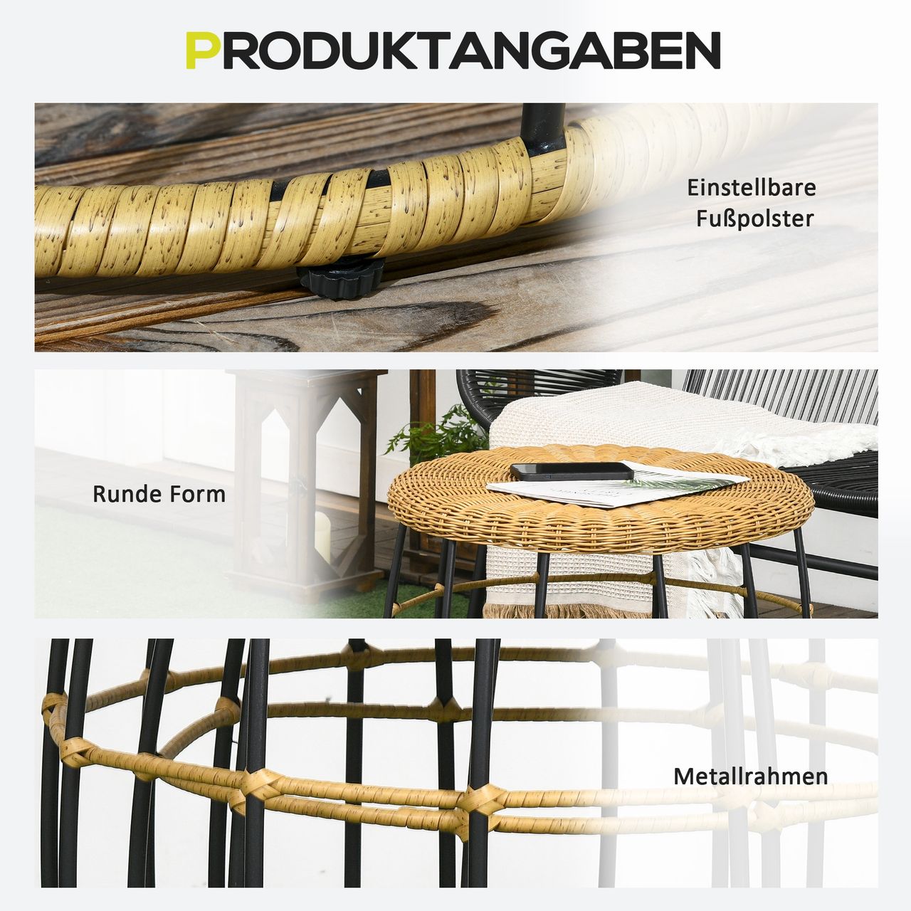Outsunny Rattan Beistelltisch 2er-Set Couchtisch, Stapelbar Sofatisch für Garten