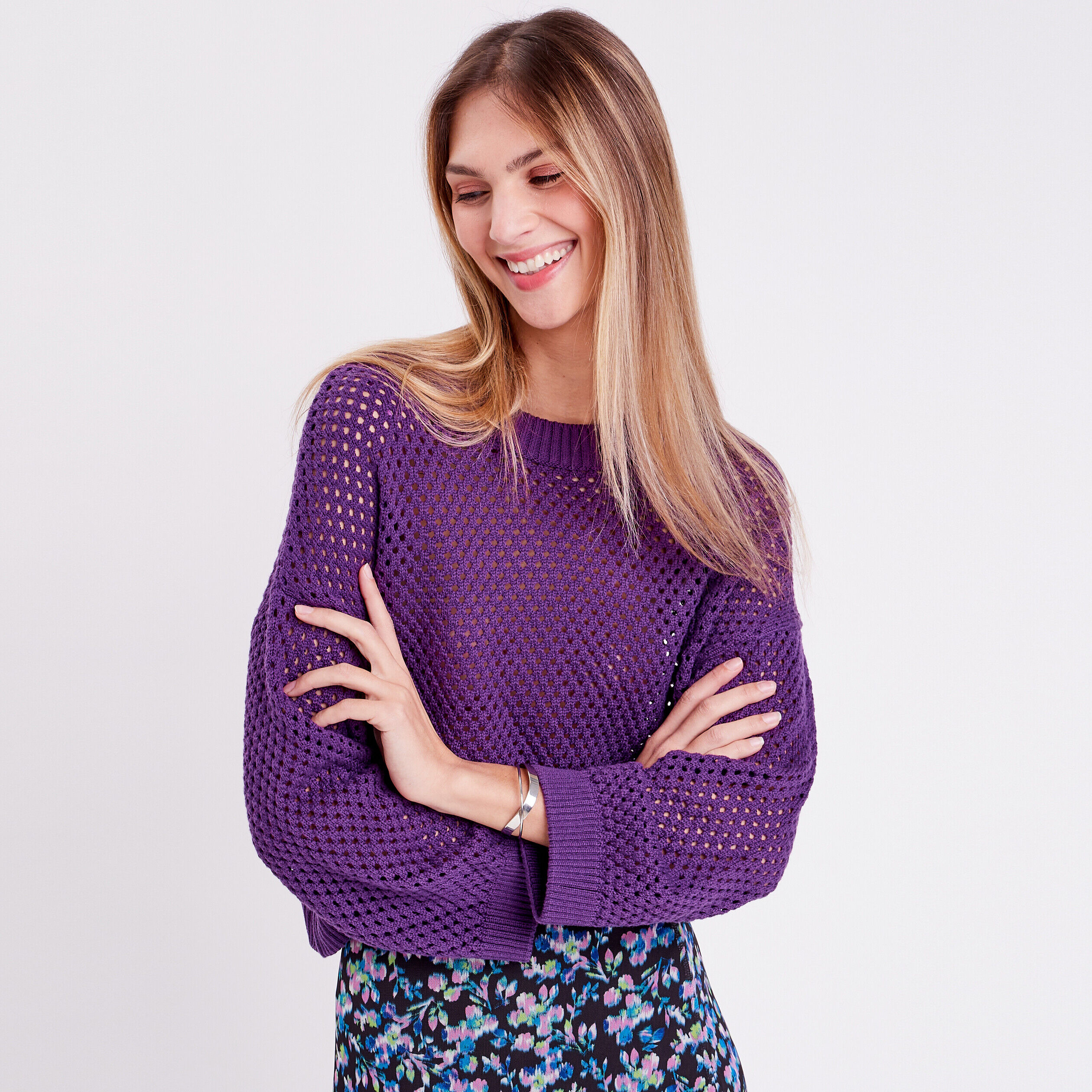 Pull ajouré col rond violet foncé femme | Cache Cache