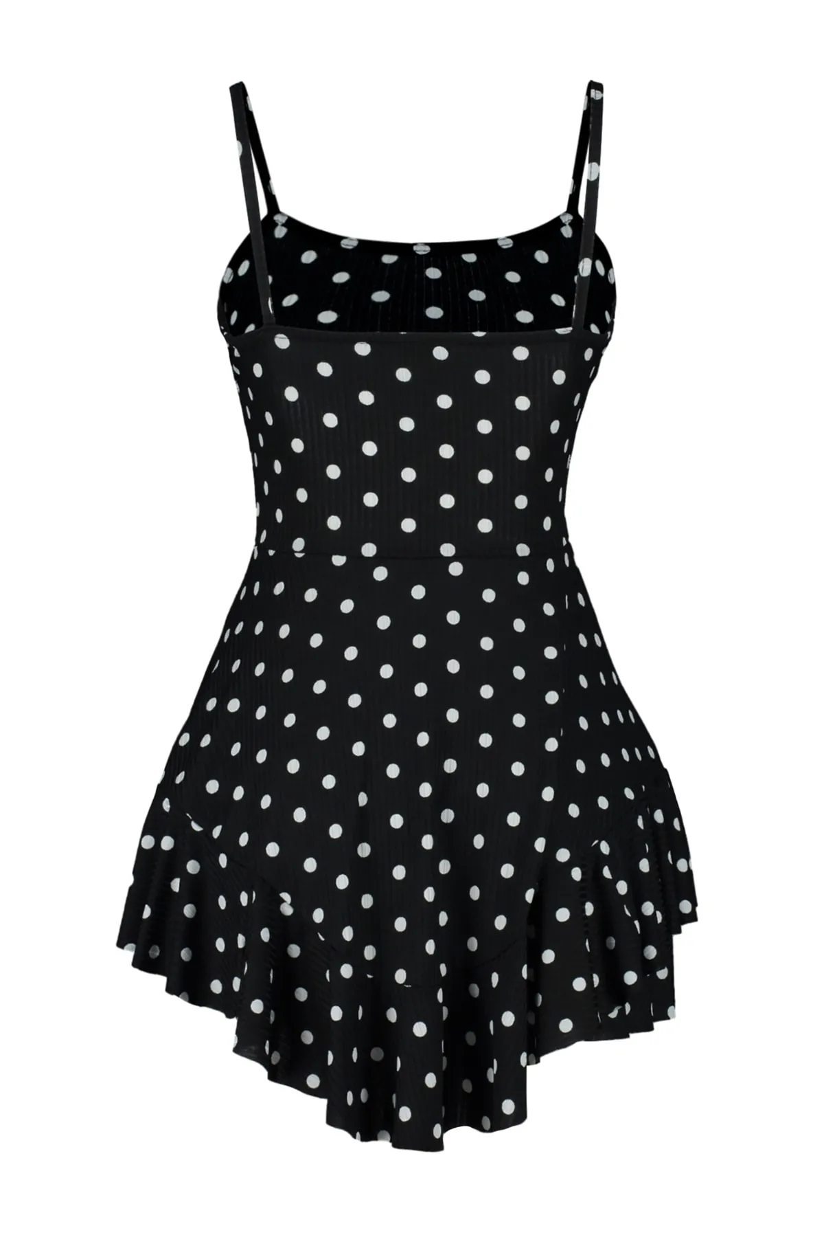 Trendyol Collection  Weißer Mini-Strick-Jumpsuit mit gepunktetem Riemchenvolant und Shorts TWOSS23TU00044