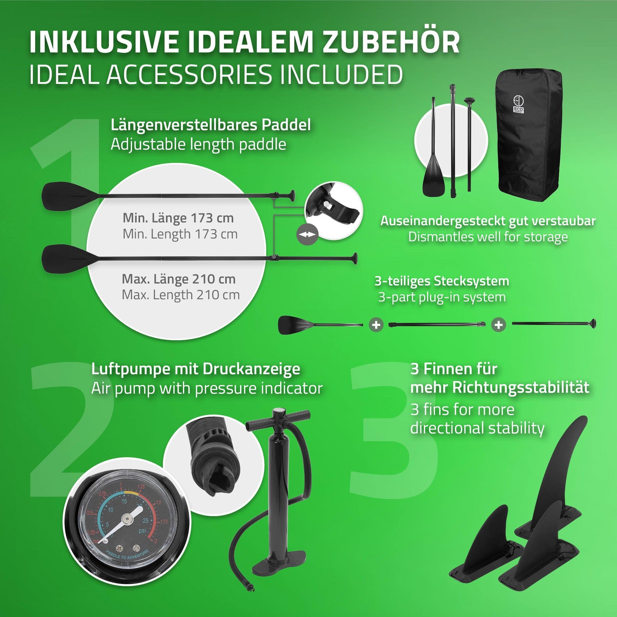 ECD Germany SUP-Board Aufblasbares Stand Up Paddle Board Makani Surfboard, Grün 320x82x15cm PVC bis 150kg Pumpe Tragetasche Zubehör
