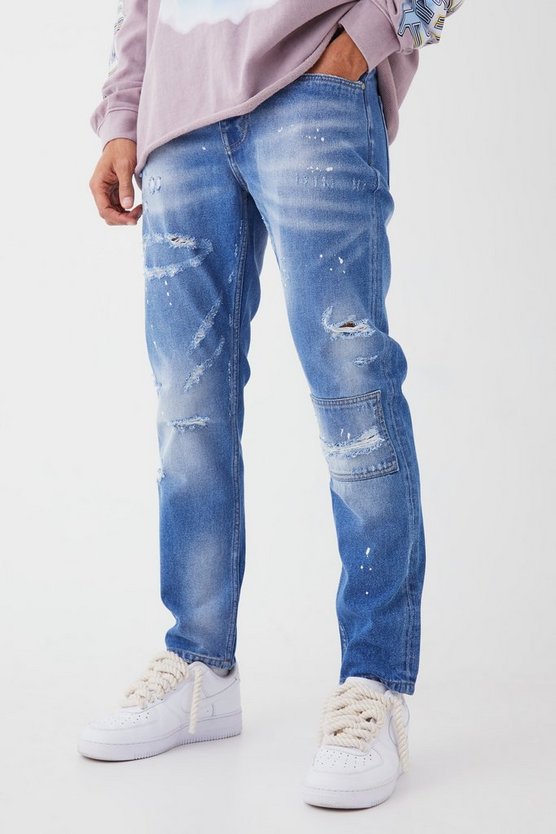 Slim-Fit Jeans mit Farbdetail und Riss am Knie