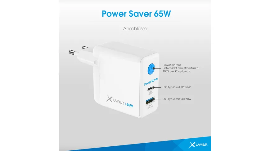 XLayer 65W Power Saver duales Ladegerät mit Strom-Stopp-Funktion White