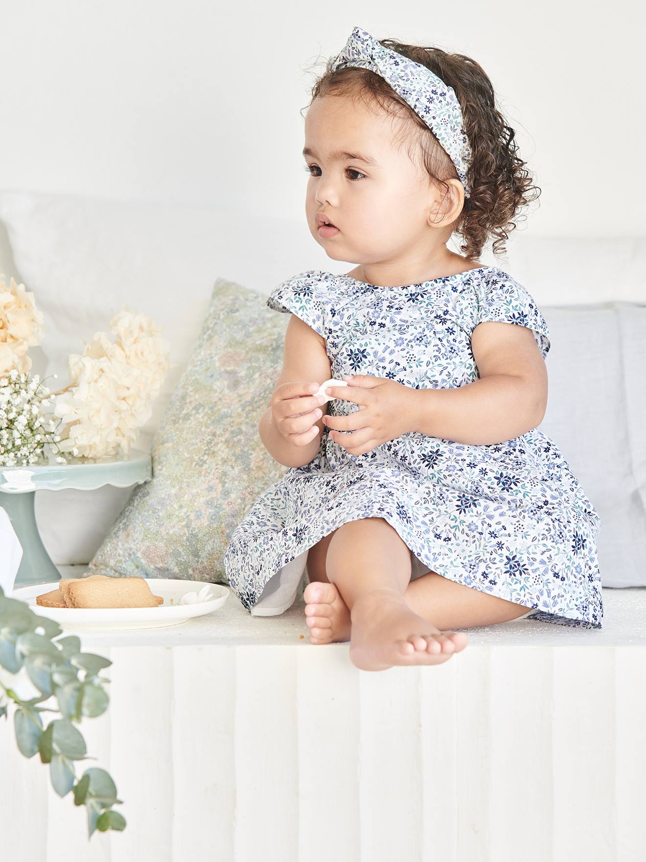 Vertbaudet Festliches Baby Kleid, Blumenmuster Oeko-Tex - weiß/blau geblümt