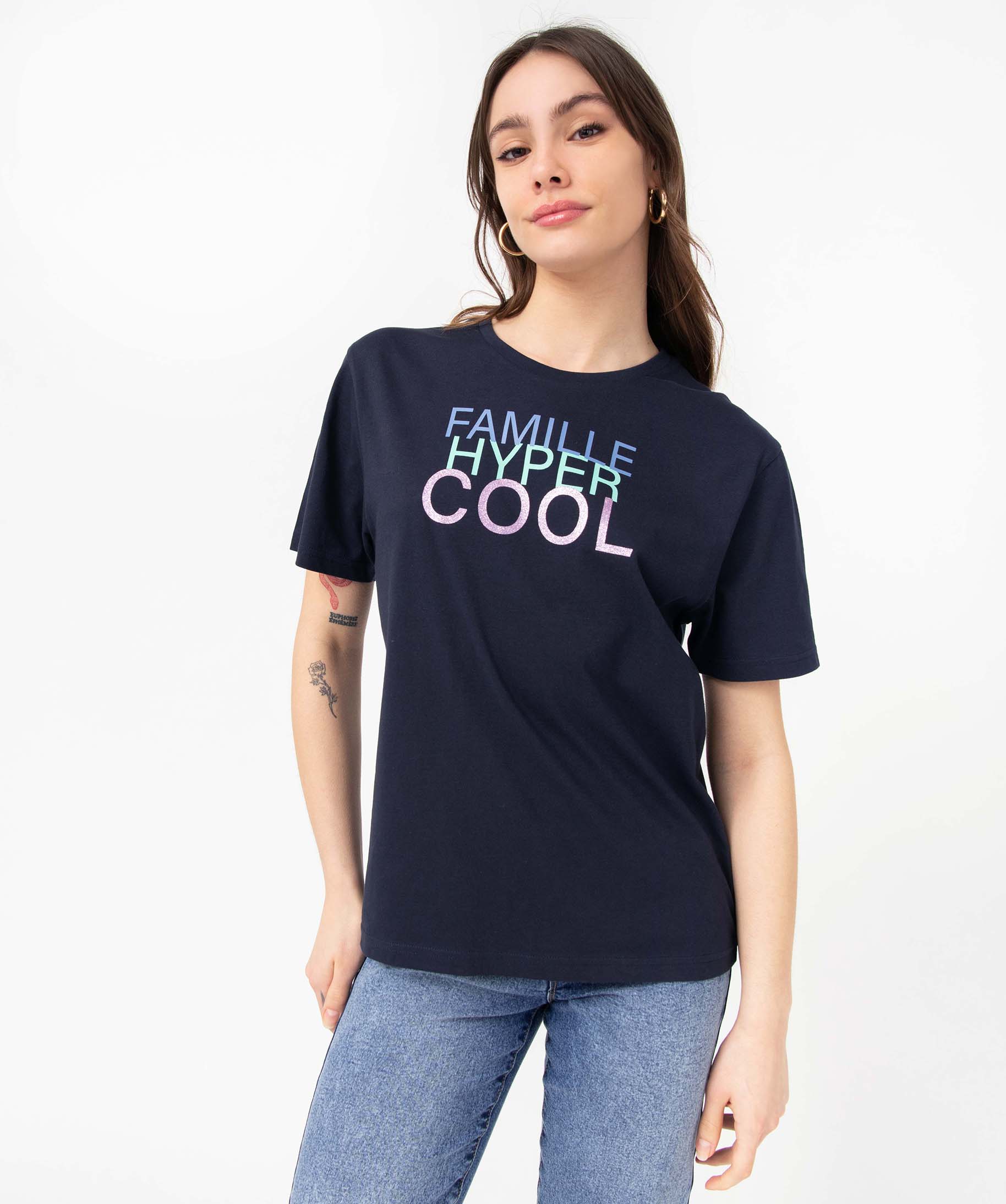 Tee-shirt femme à manches courtes avec message pailleté marine | GEMO