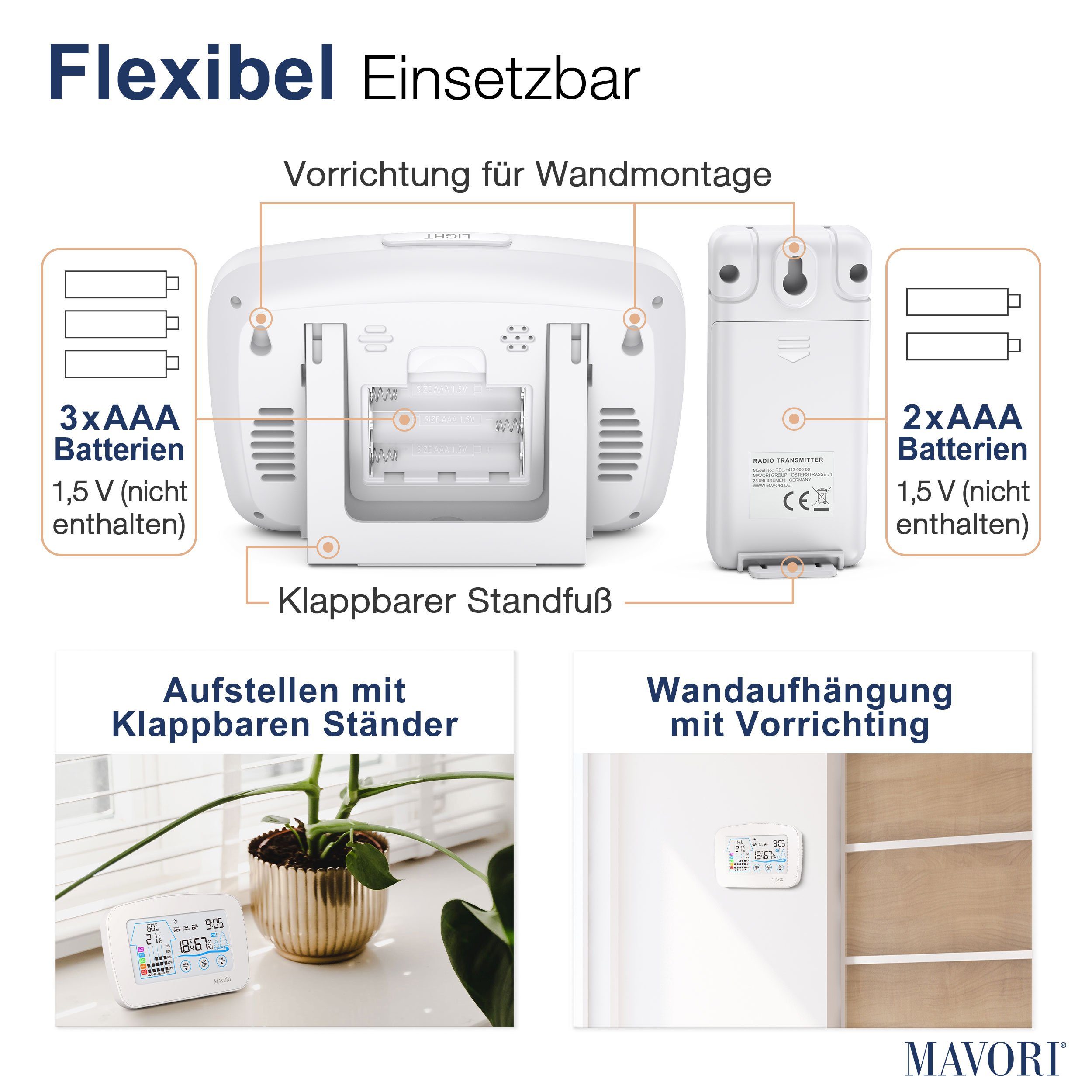 MAVORI Funk Hygro-Thermometer mit Außensensor – präzise und dekorativ Funkwetterstation (Funk Außensensor, Funkuhr)