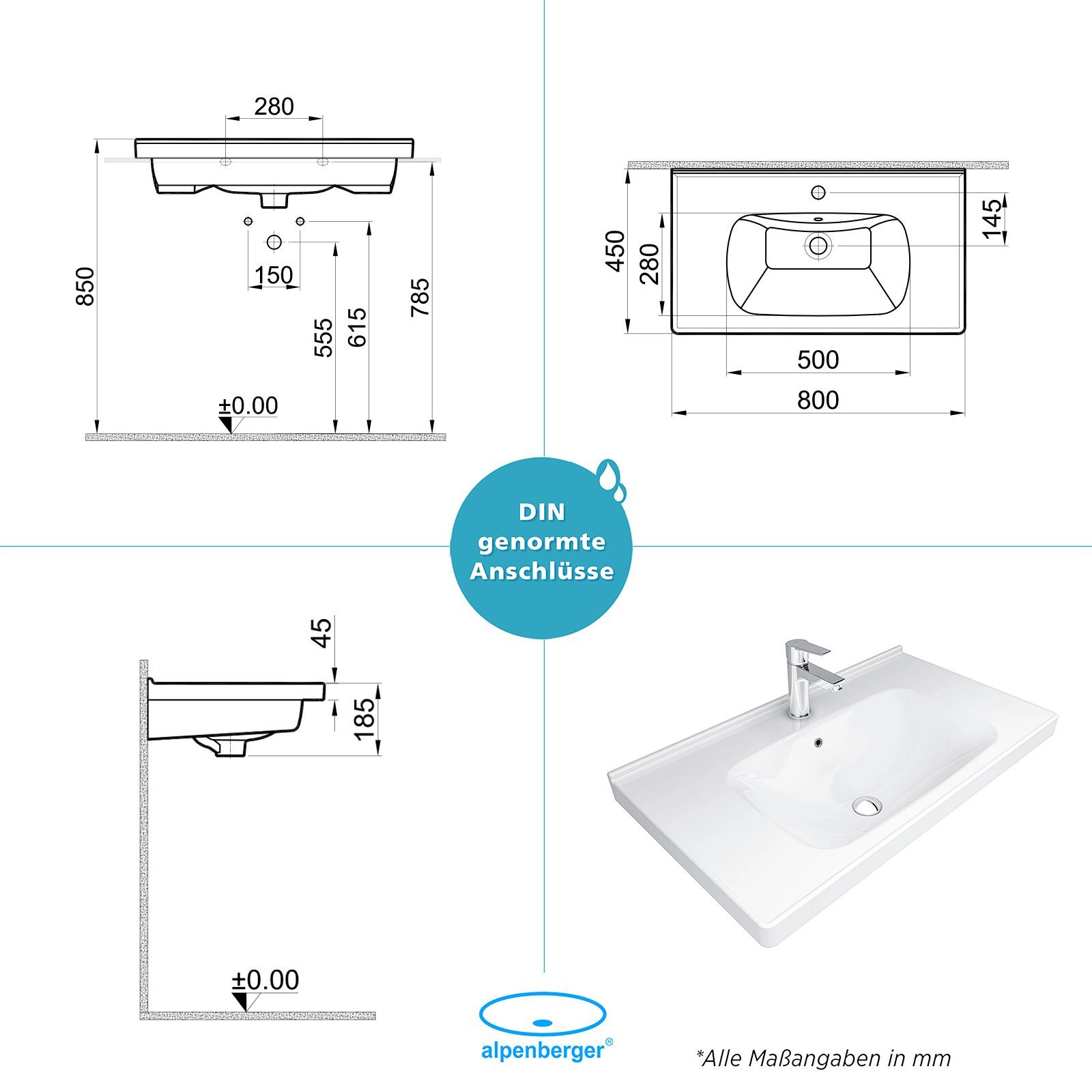 Alpenberger Waschbecken Keramik Handwaschbecken - Waschbecken Rechteckig 80 cm Breit (1-tlg., Hängewaschbecken mit Überlauf), mit Nano beschichtet, pflegeleicht, hygienisch