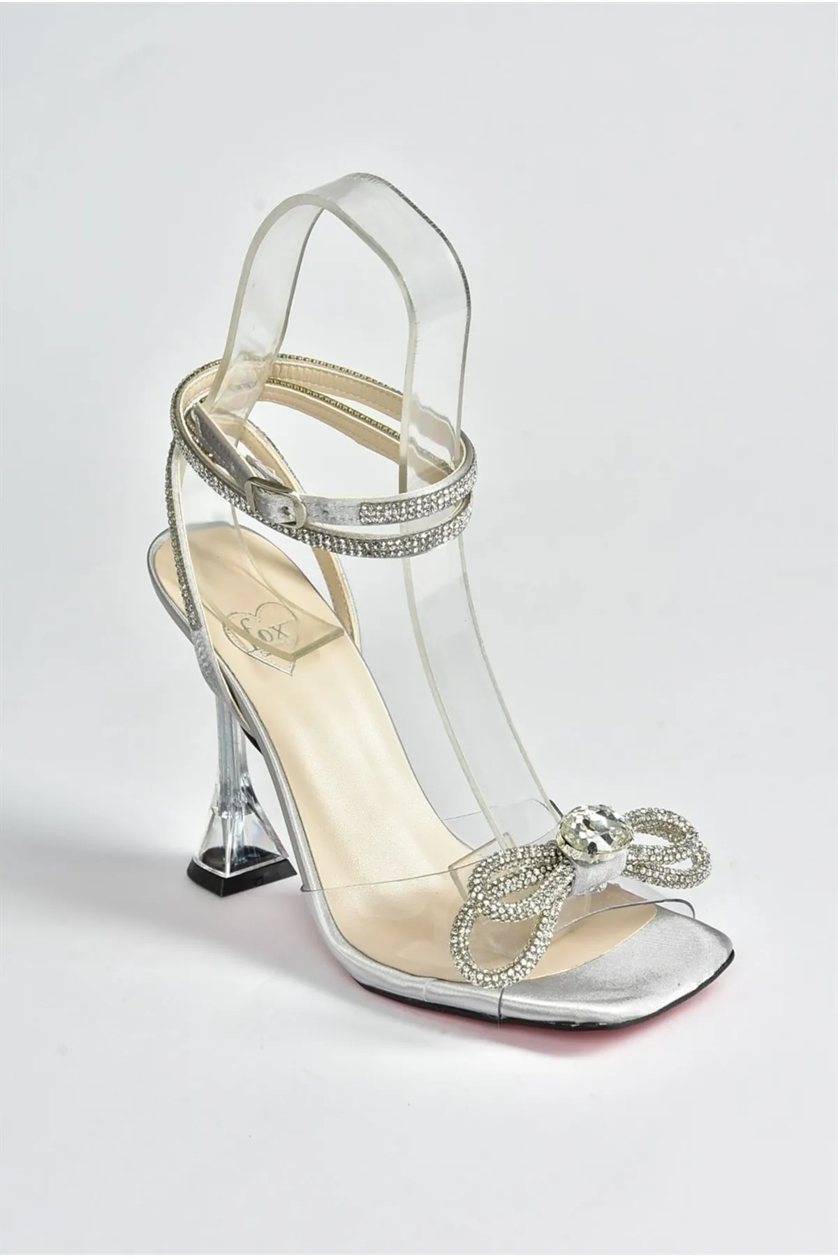 Fox Shoes  Damen-Abendschuhe aus transparentem, gebändertem Stein in silbernem Stoff M654251504