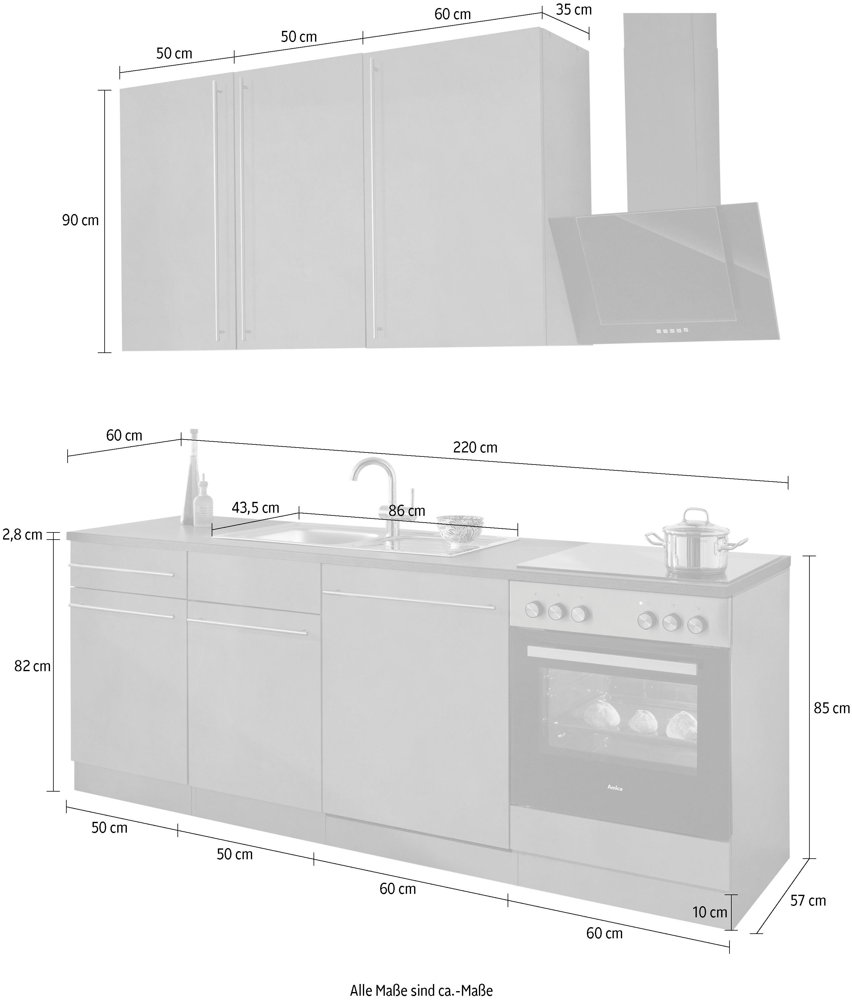 wiho Küchen Küchenzeile Chicago, mit E-Geräten, Breite 220 cm