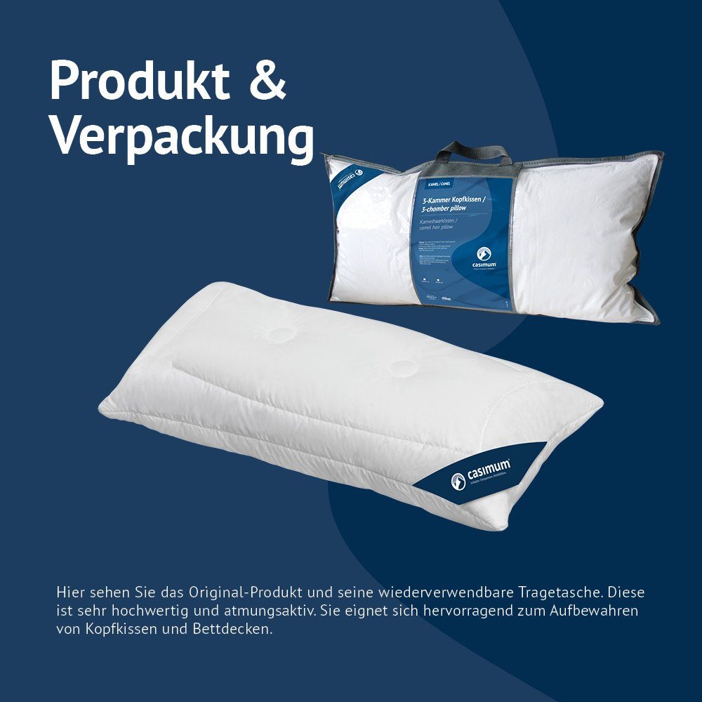 3-Kammer-Kopfkissen 100% Kamelhaar (superentgrannt), casimum, Füllung: reiner, feinster Kamelhaar Flaum (superentgrannt), Bezug: Weiß, extrem leicht bei hoher Stützkraft, 40x80 cm