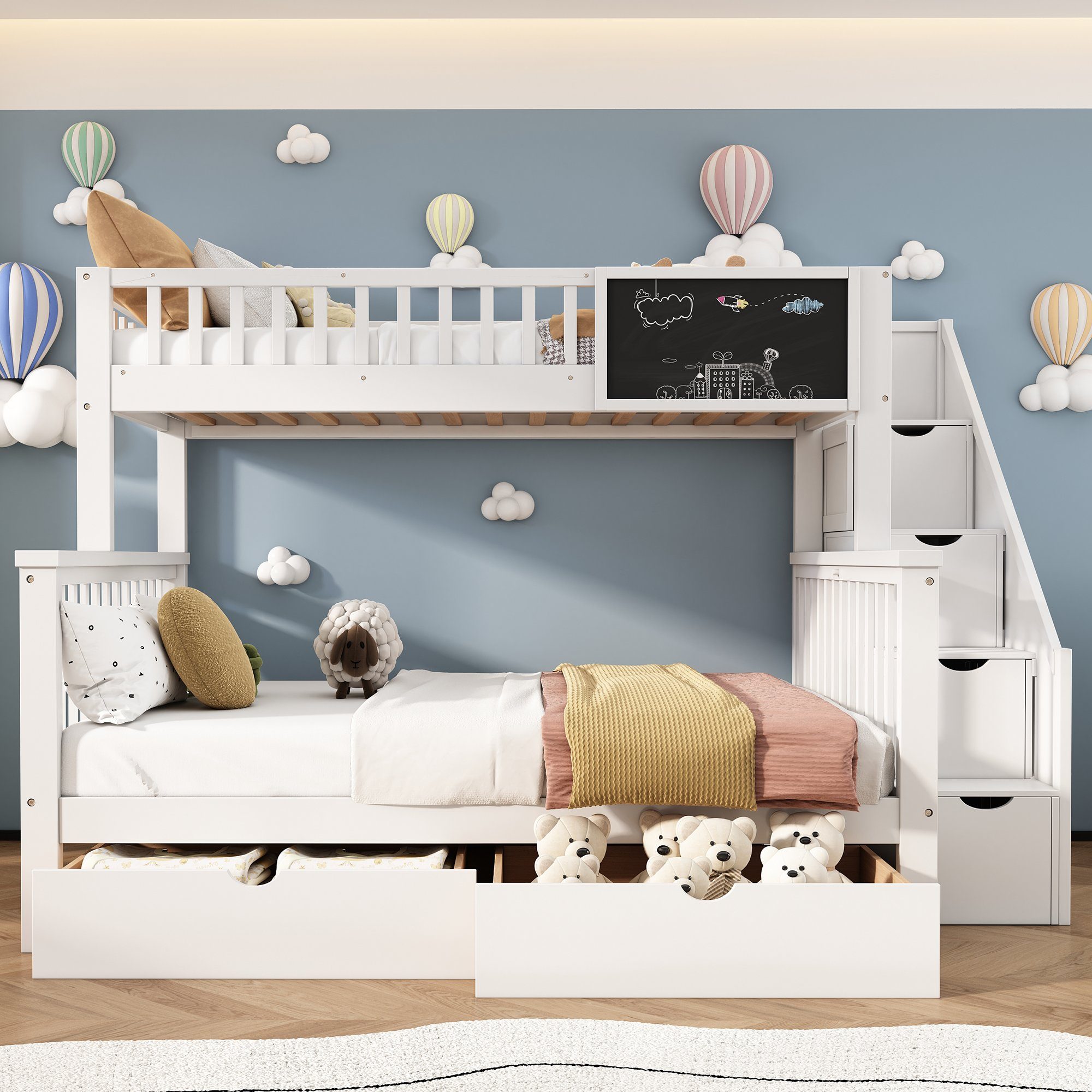 REDOM Etagenbett Kinderbett, mit Tafel Treppe Schubladen 90x200cm+140x200cm